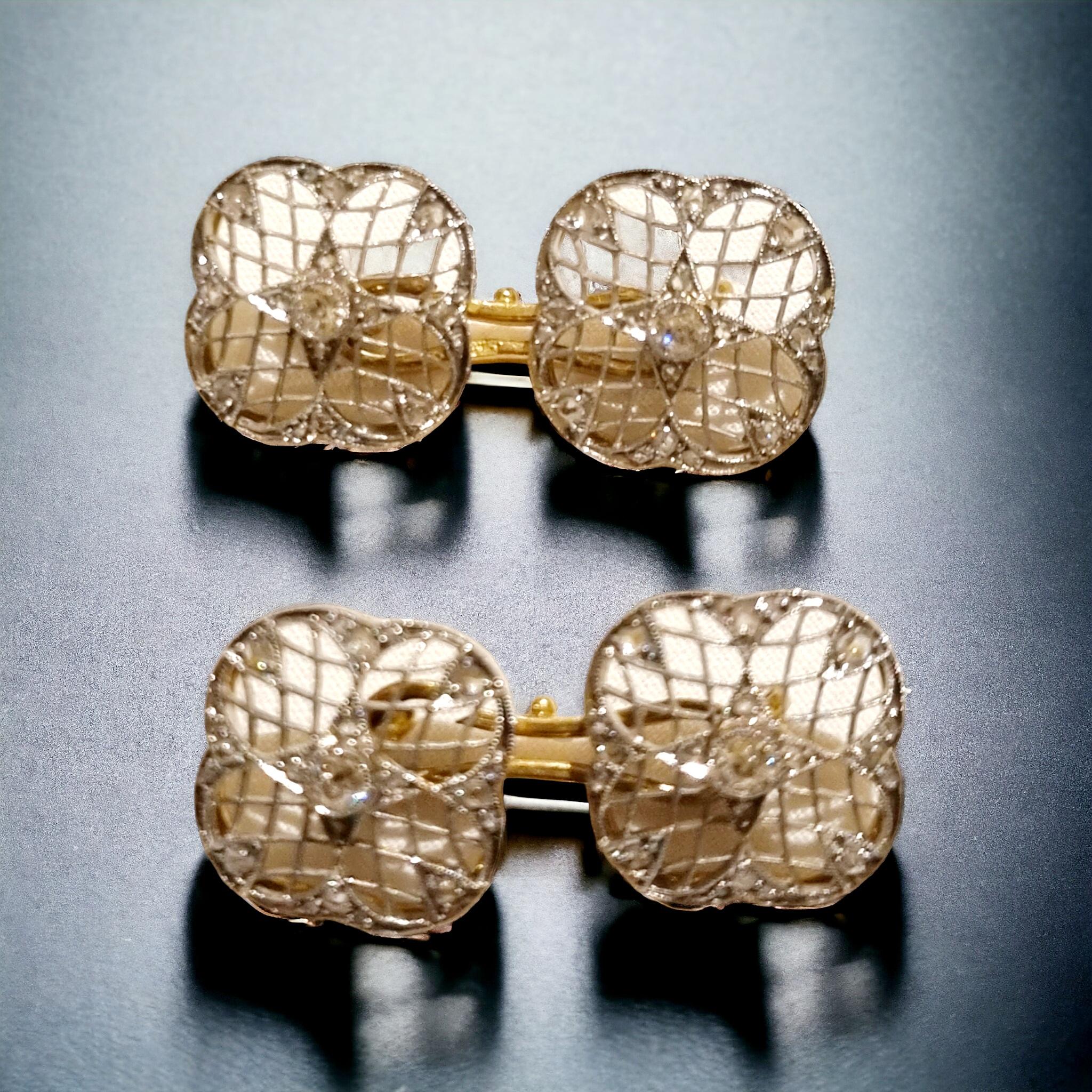 Paire de boutons de manchette anciens Belle Époque/Édouardienne à double diamant en platine et or en vente 4