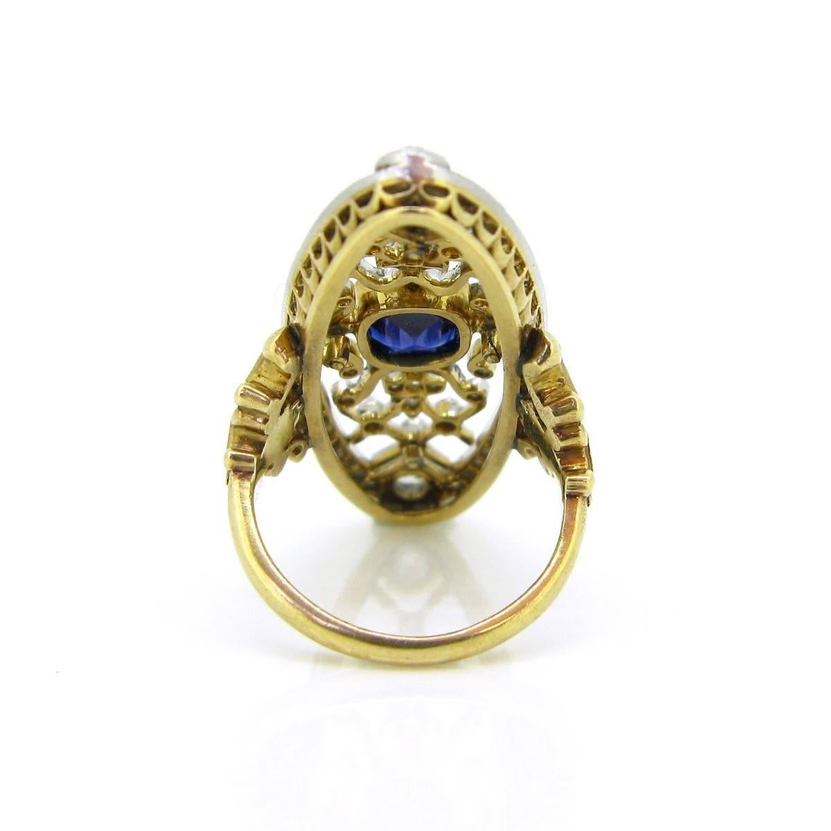 Women's or Men's Antique Belle Epoque Edwardian Sapphire and Rose cut Diamonds Lacy Ring