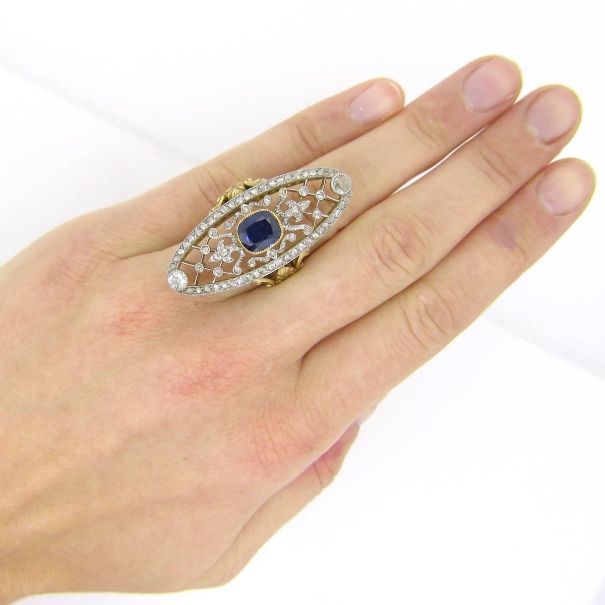 Antique Belle Epoque Edwardian Sapphire and Rose cut Diamonds Lacy Ring 2