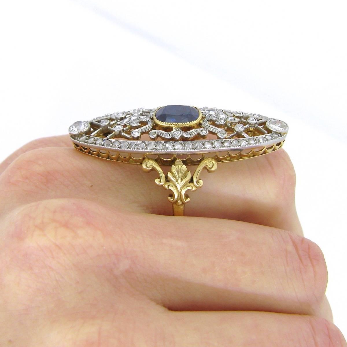 Antique Belle Epoque Edwardian Sapphire and Rose cut Diamonds Lacy Ring 3