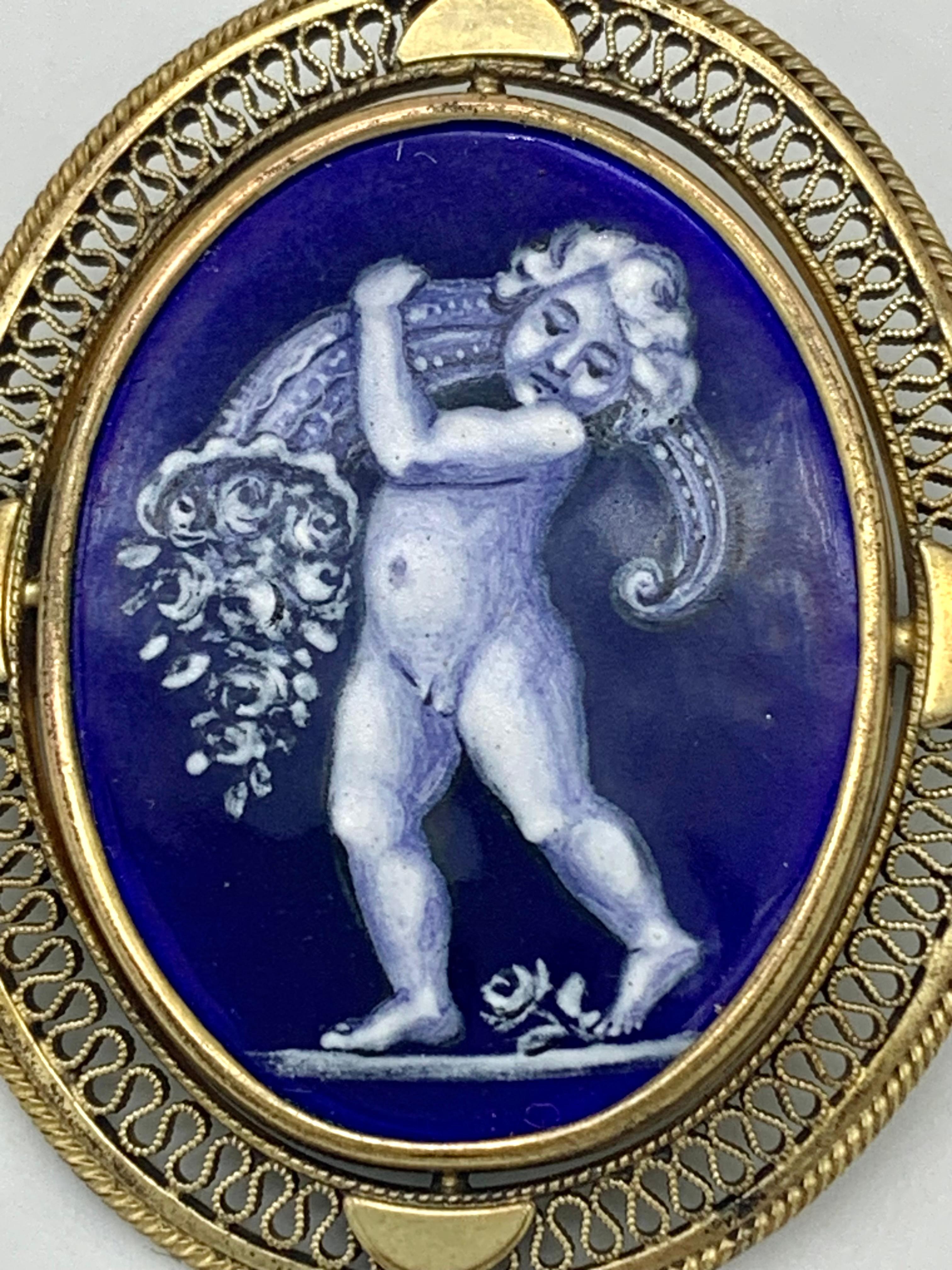 Women's Antique Belle Époque Enamel Miniature Amor Cupid Carrying a Cornucopia Metall For Sale