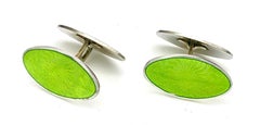 Antique Belle Époque Enamel Sterling Silver Cufflinks Green Guilloché Enamel