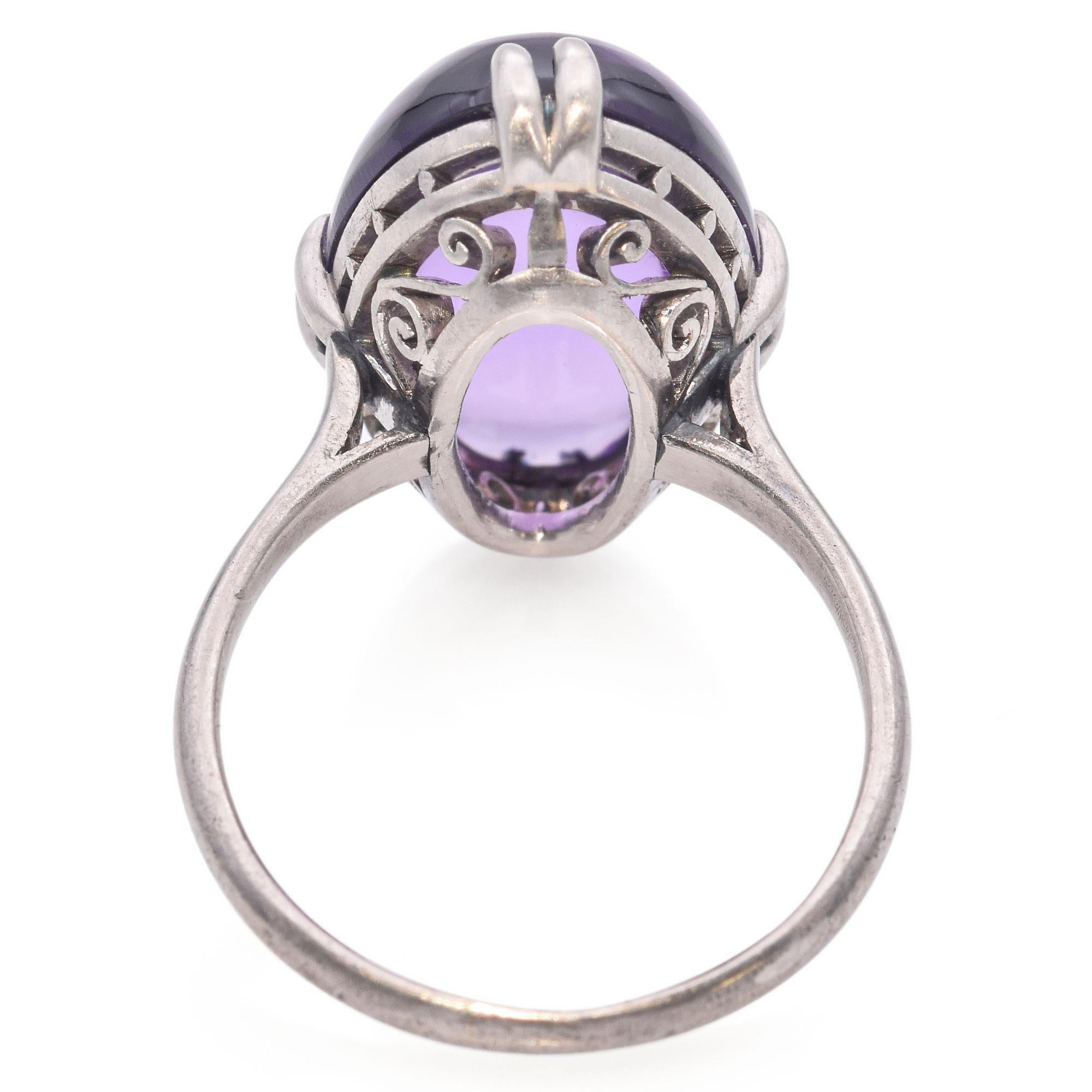 Women's Antique Belle Epoque Filigree Platinum Amethyst Cabochon Ring