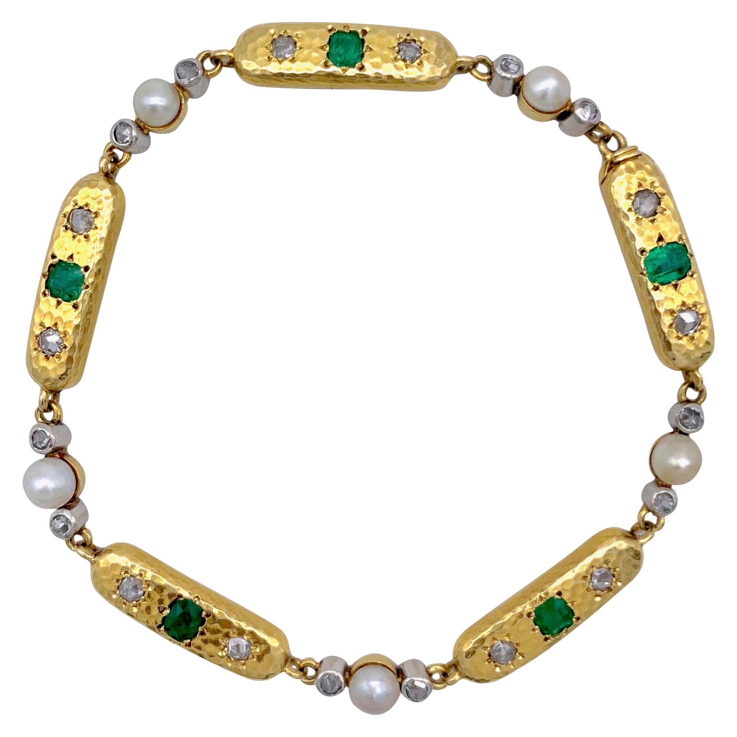 Antique Belle Époque French 18 Kt Gold Platinium Emerald Diamond Oriental Pearls