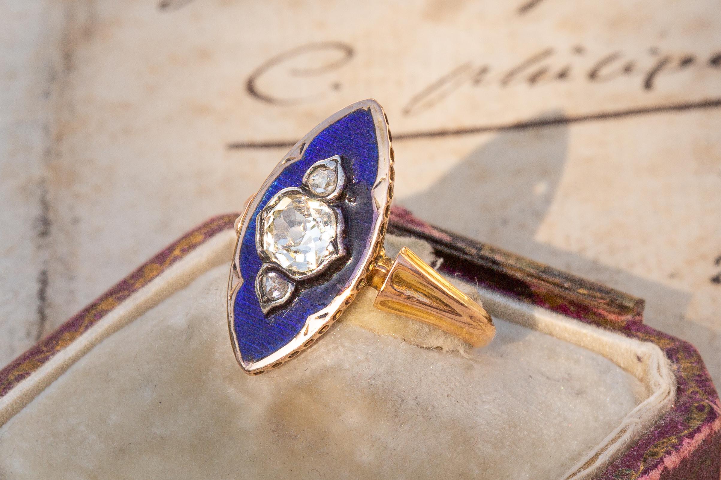 Antique Belle Epoque French Diamond and Blue Enamel Ring Navette 18k Gold Ring For Sale 1