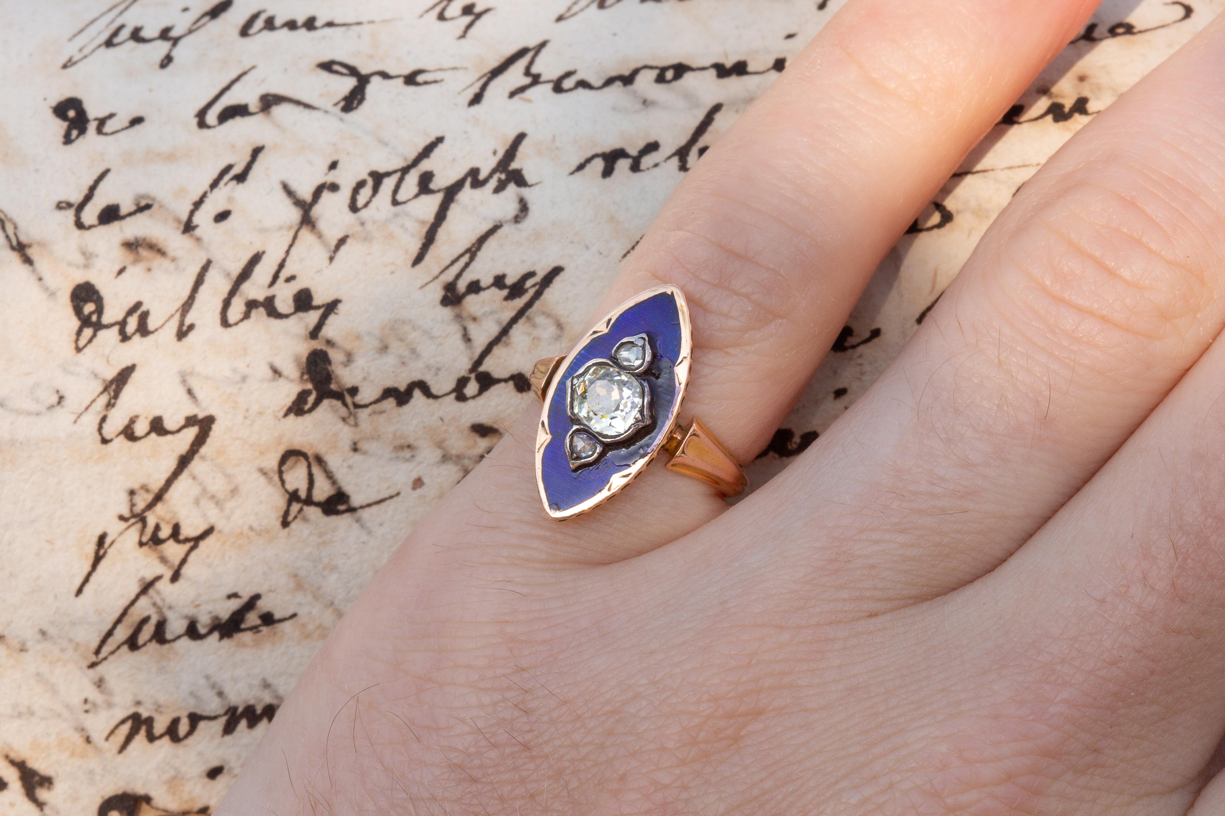 Antique Belle Epoque French Diamond and Blue Enamel Ring Navette 18k Gold Ring For Sale 2