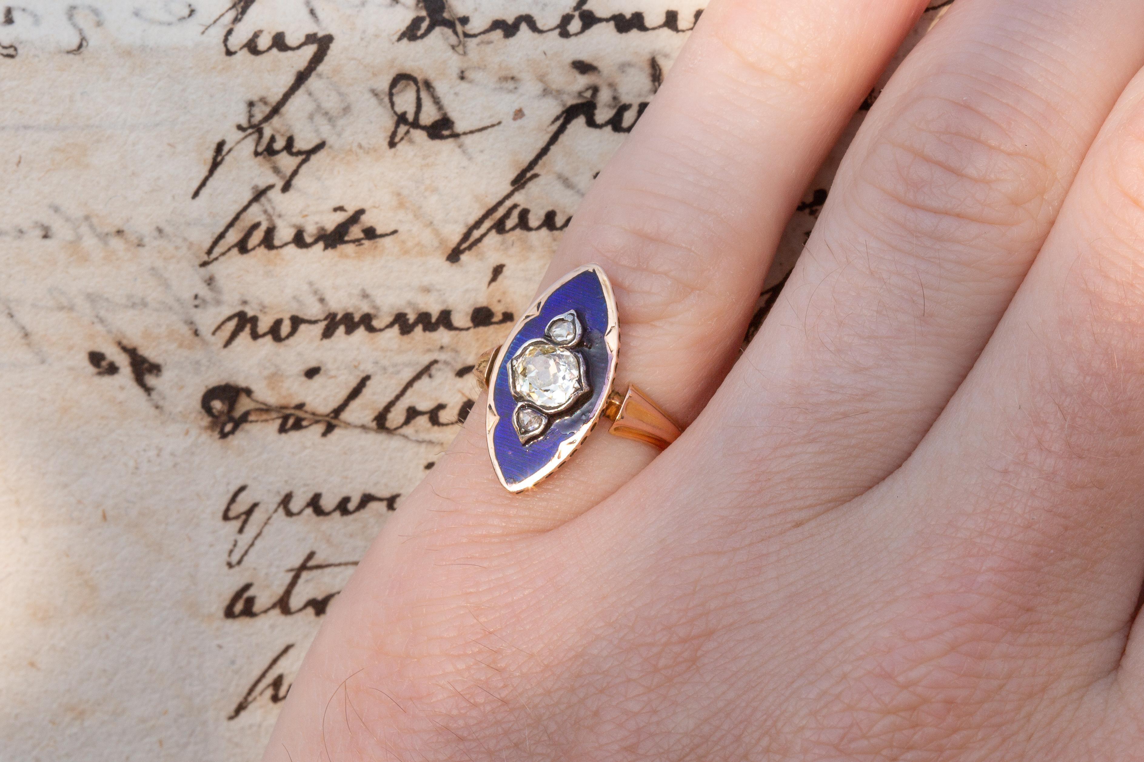 Antique Belle Epoque French Diamond and Blue Enamel Ring Navette 18k Gold Ring For Sale 3