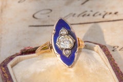 Antique Belle Epoque French Diamond and Blue Enamel Ring Navette 18k Gold Ring