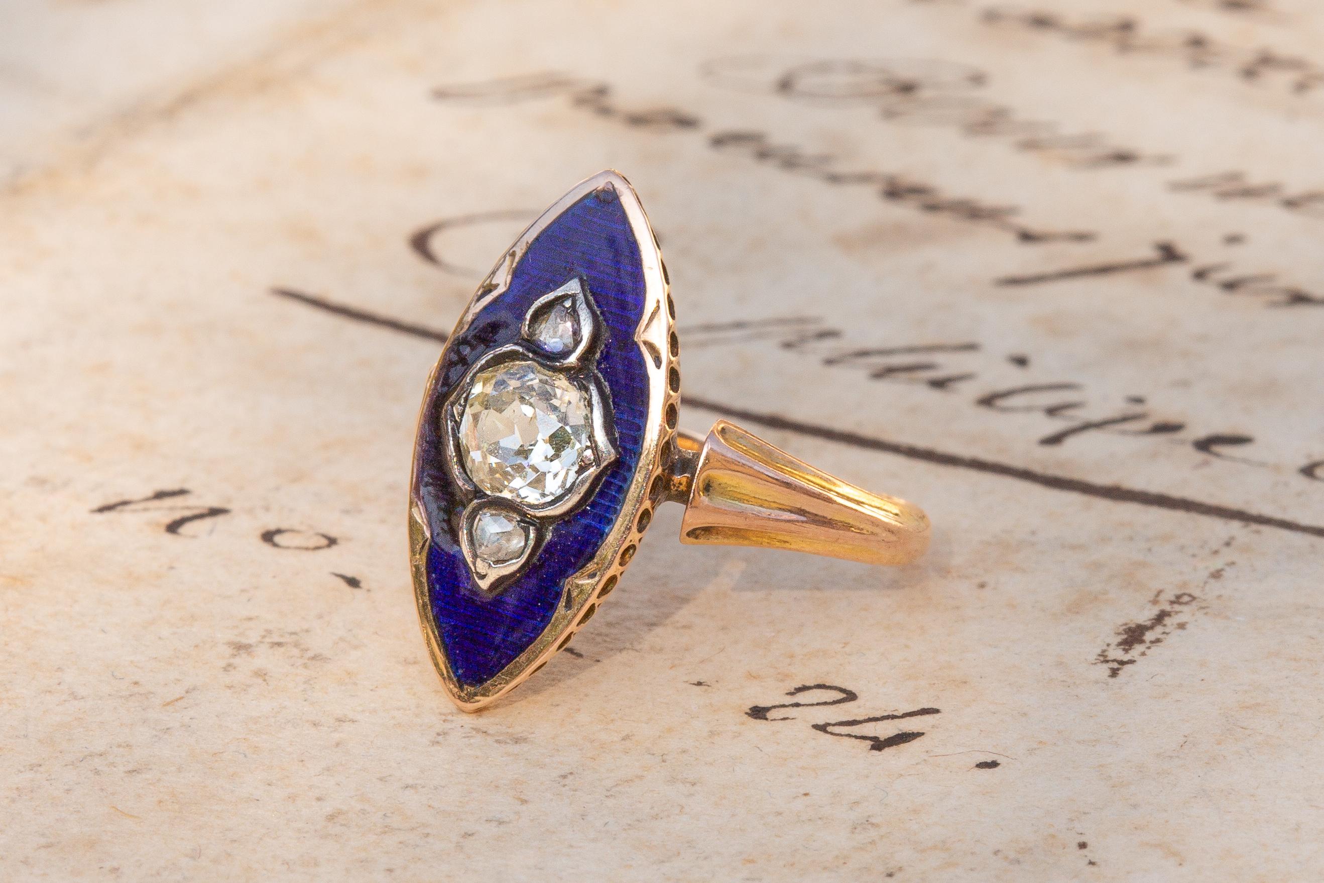 Edwardian Antique Belle Epoque French Diamond and Blue Enamel Ring Navette 18k Gold Ring For Sale
