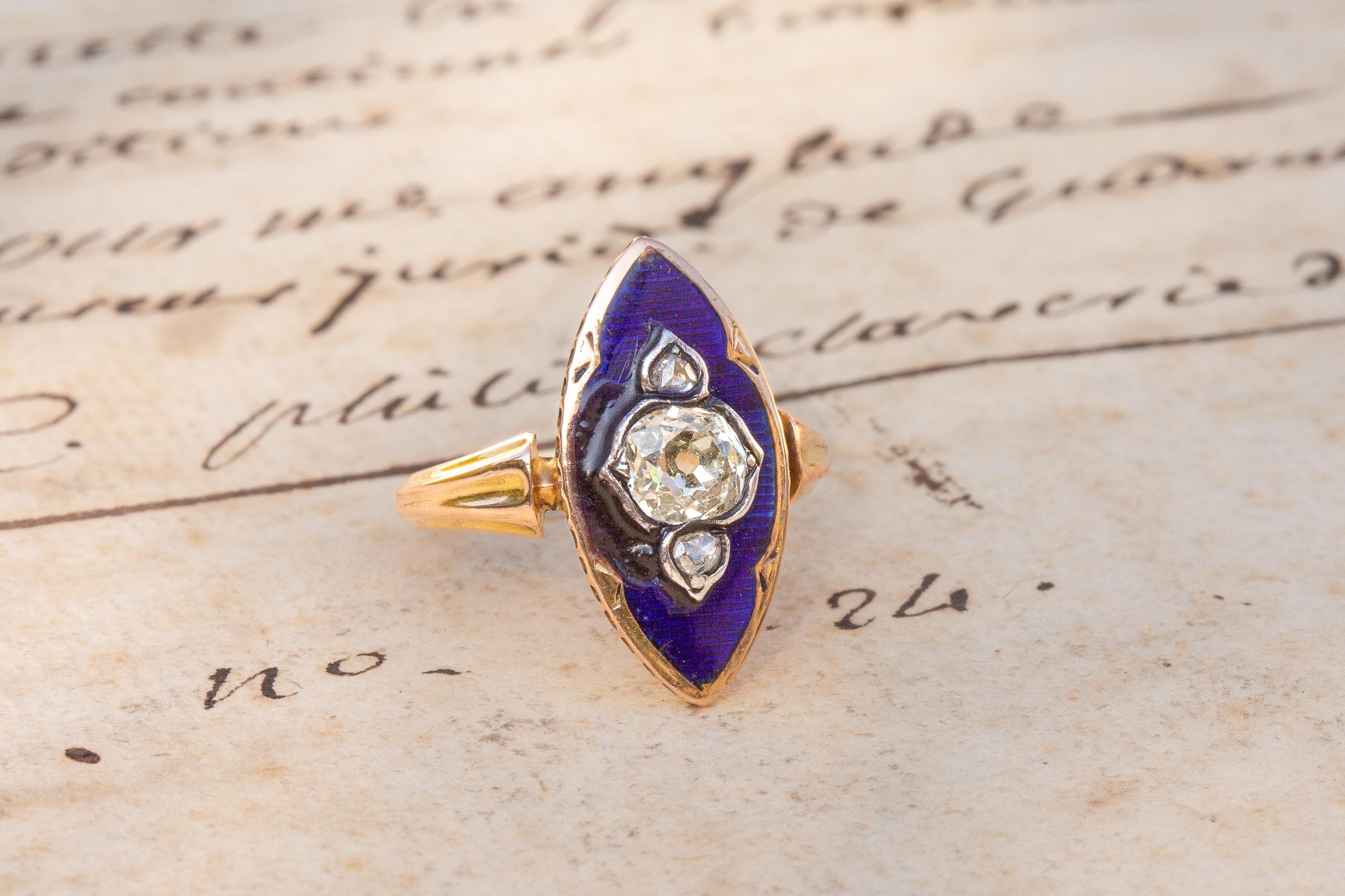 Old Mine Cut Antique Belle Epoque French Diamond and Blue Enamel Ring Navette 18k Gold Ring For Sale