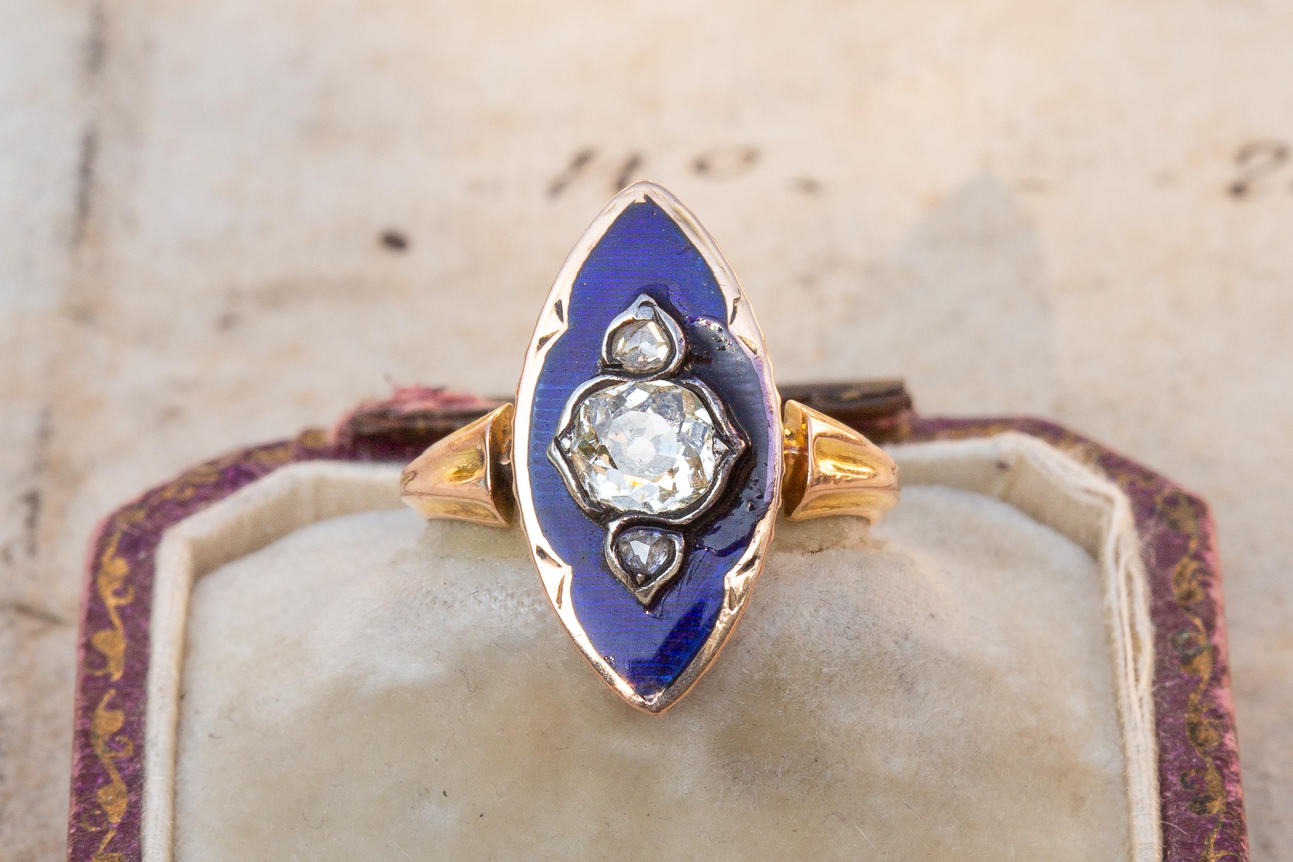 Antique Belle Epoque French Diamond and Blue Enamel Ring Navette 18k Gold Ring In Fair Condition For Sale In London, GB