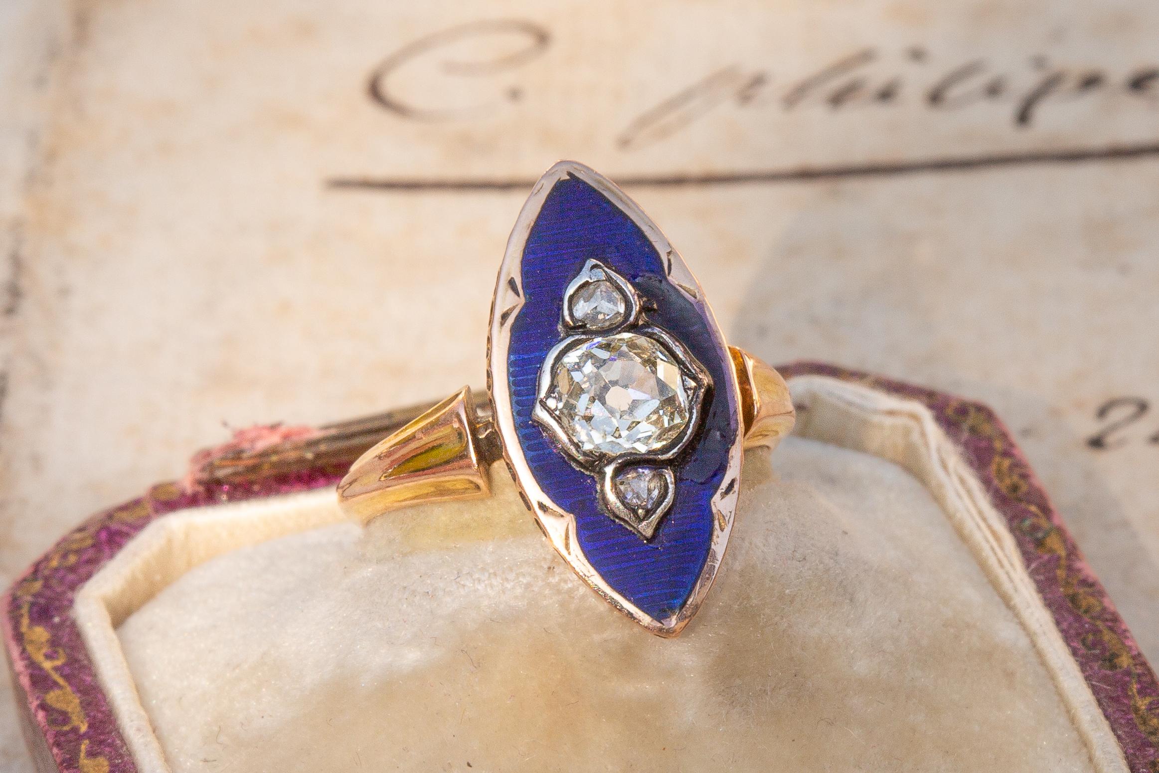 Women's or Men's Antique Belle Epoque French Diamond and Blue Enamel Ring Navette 18k Gold Ring For Sale