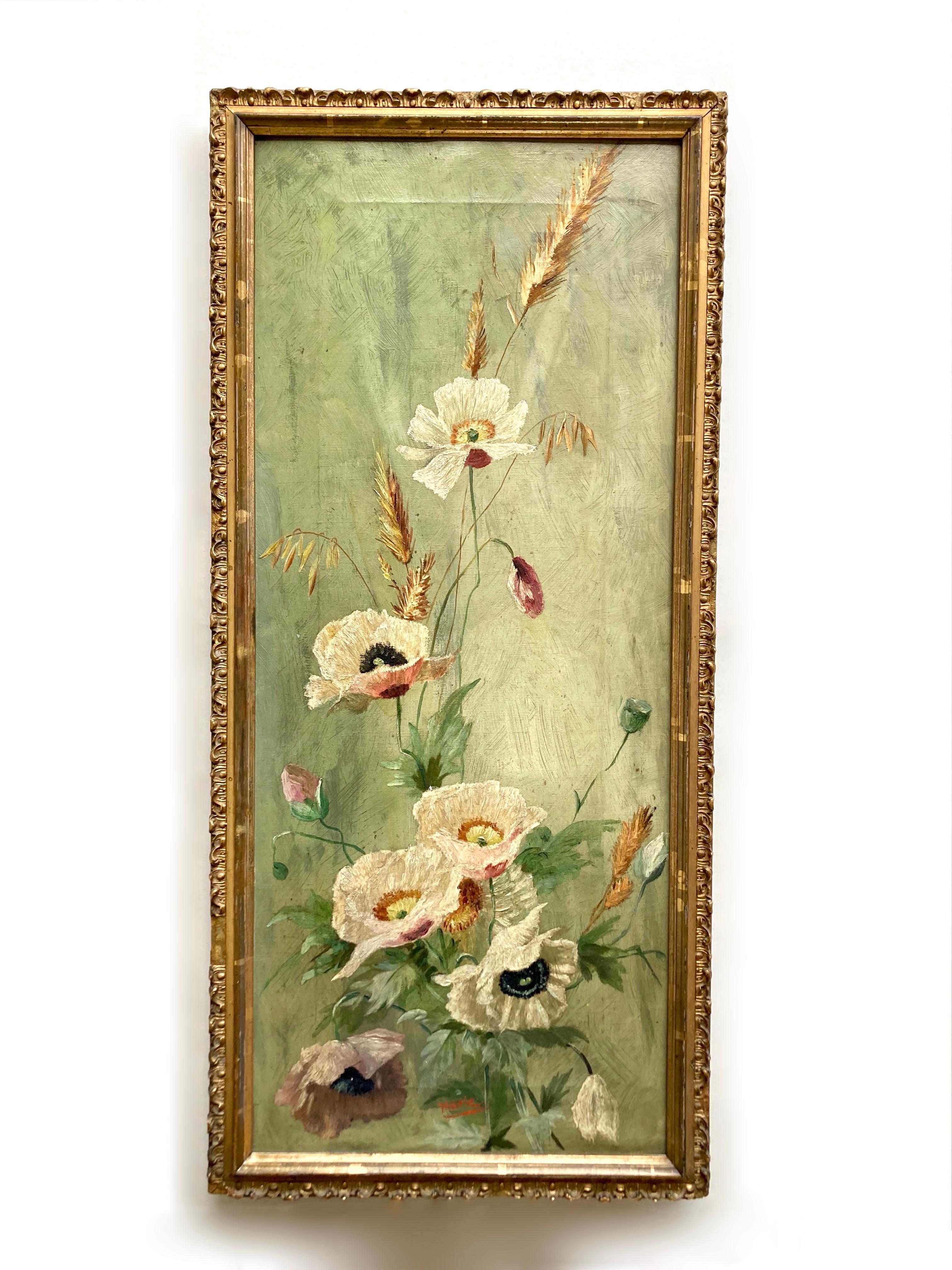 An original oil painting on stretched canvas from la Belle-Epoque (1871-1912). An unusual vertical format and a lovely floral still-life of wildflowers make this antique French painting stand out. The painting is signed in red by the artist, Marie,