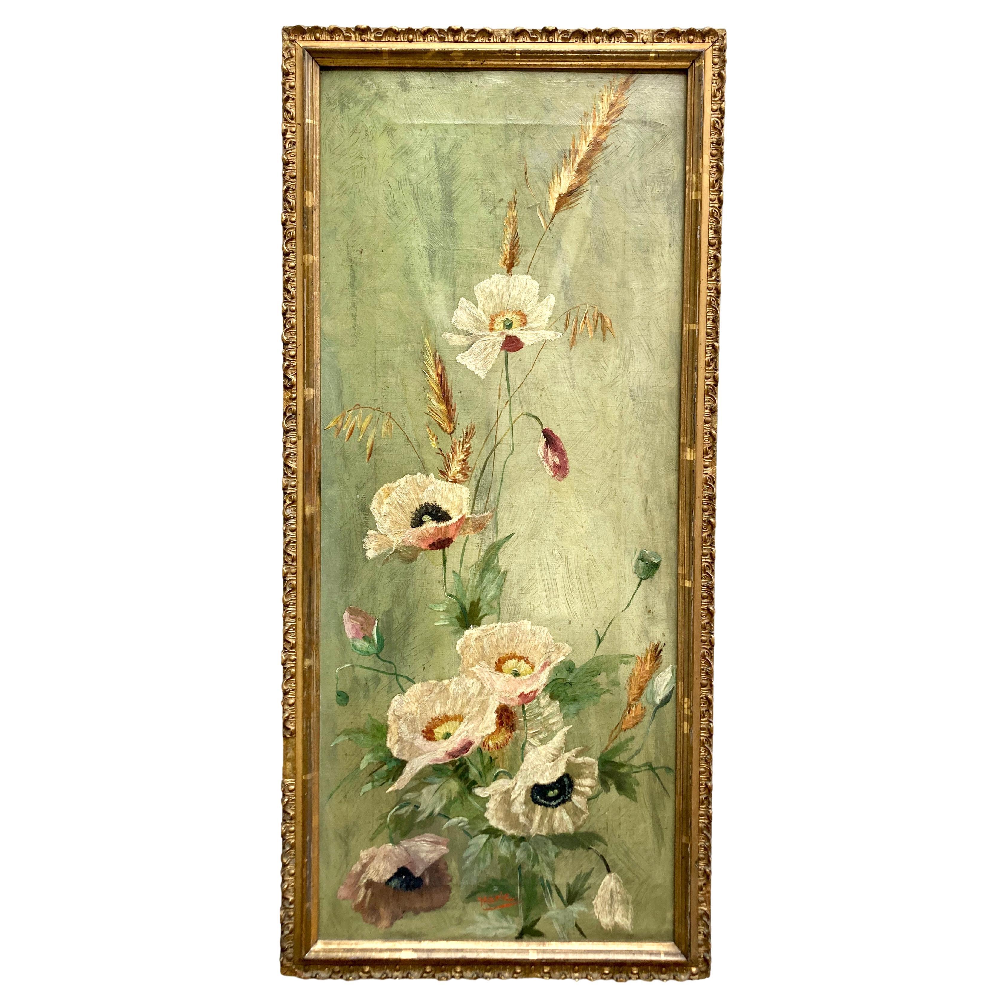 Antiquité - Belle French Epoque - Nature morte florale sur toile tendue 