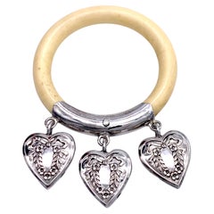 Antique Belle Époque French Silver Celluloid Baby Rattle Hearts (Cuore di Sonaglio)