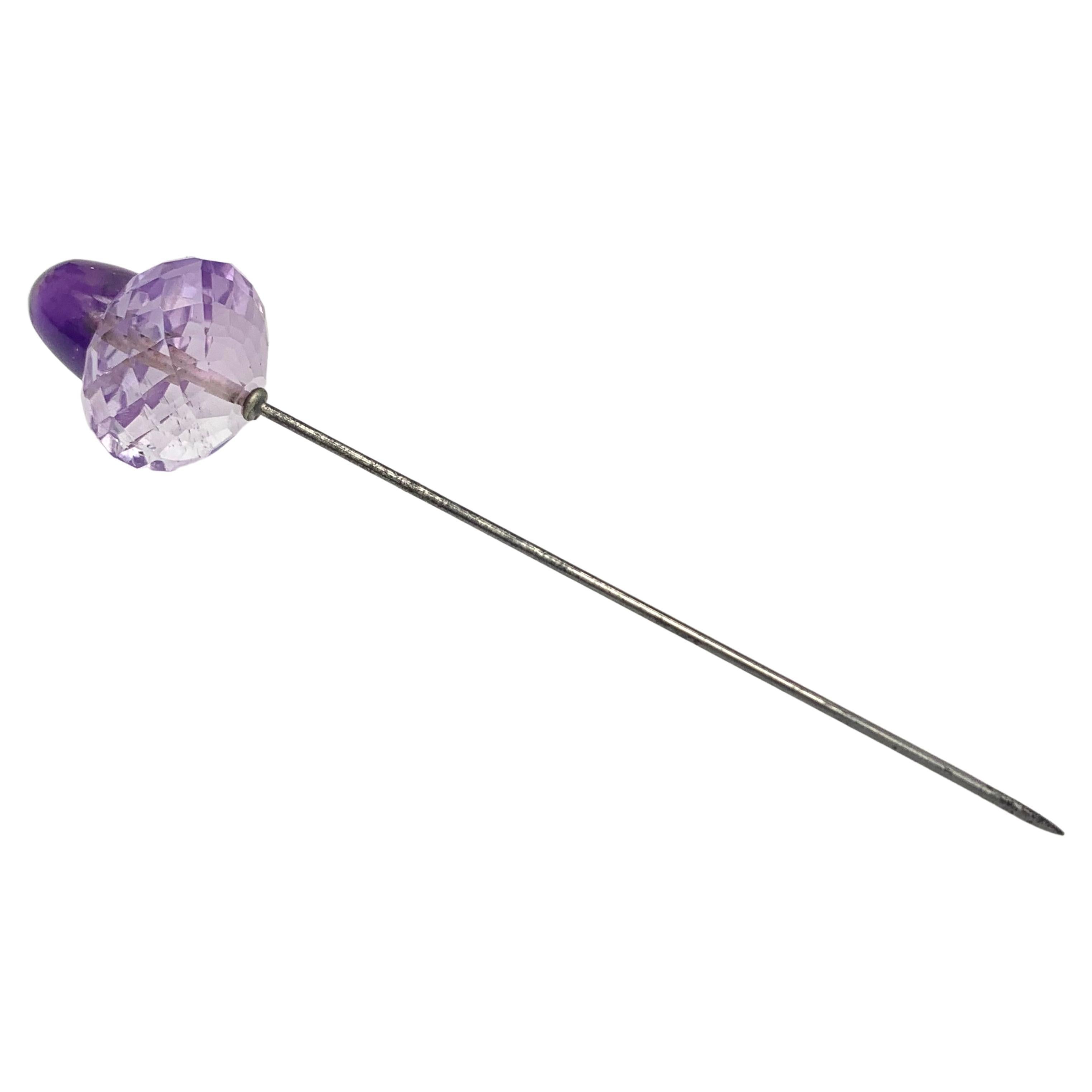 Antique Belle Epoque Hat Pin Facetted Amethyst Pink and Purple Metal Pin For Sale