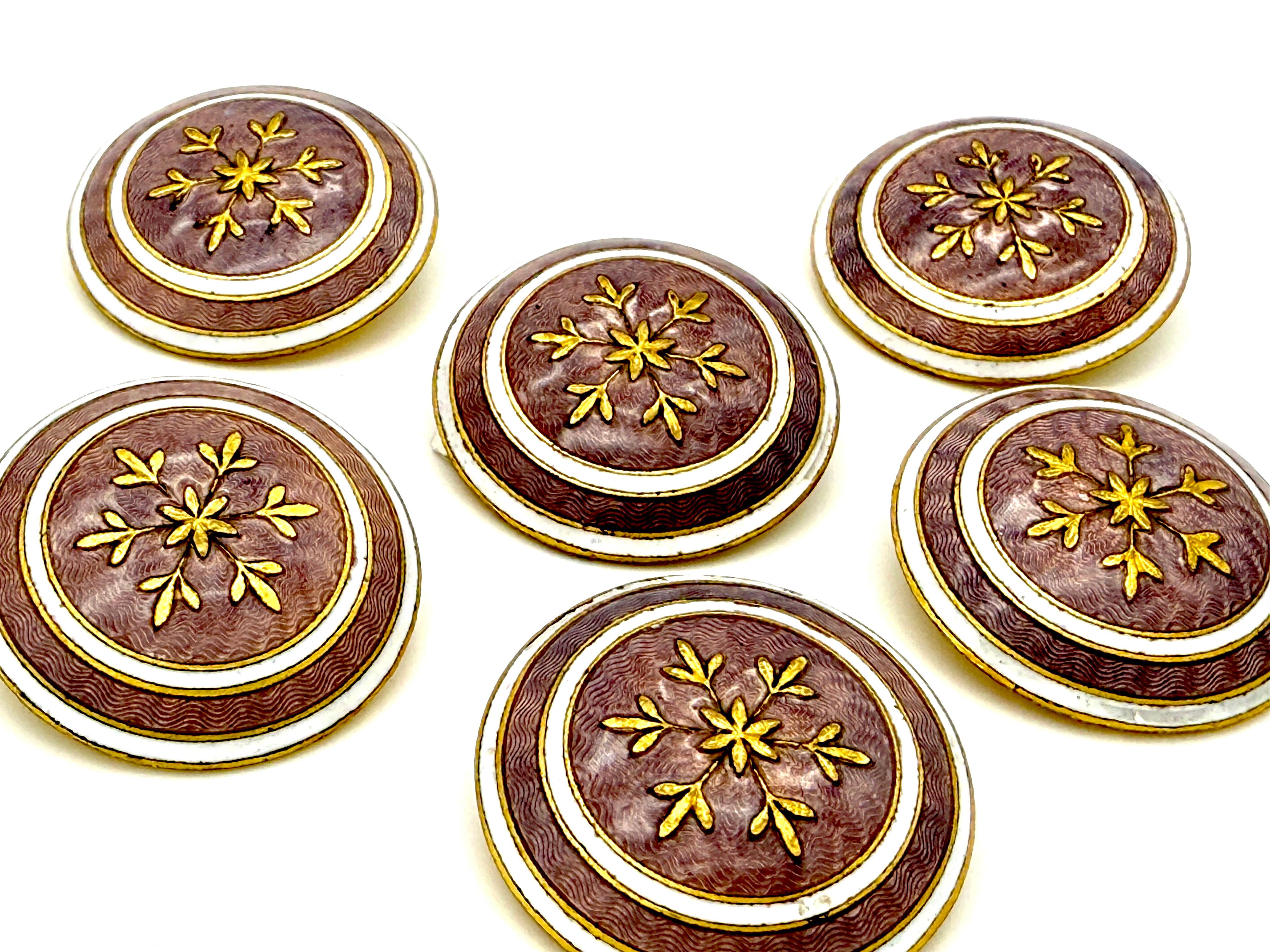 Antique Belle Époque Ice Crystal Buttons Set of 6 Guilloché Enamel Brass In Good Condition For Sale In Munich, Bavaria