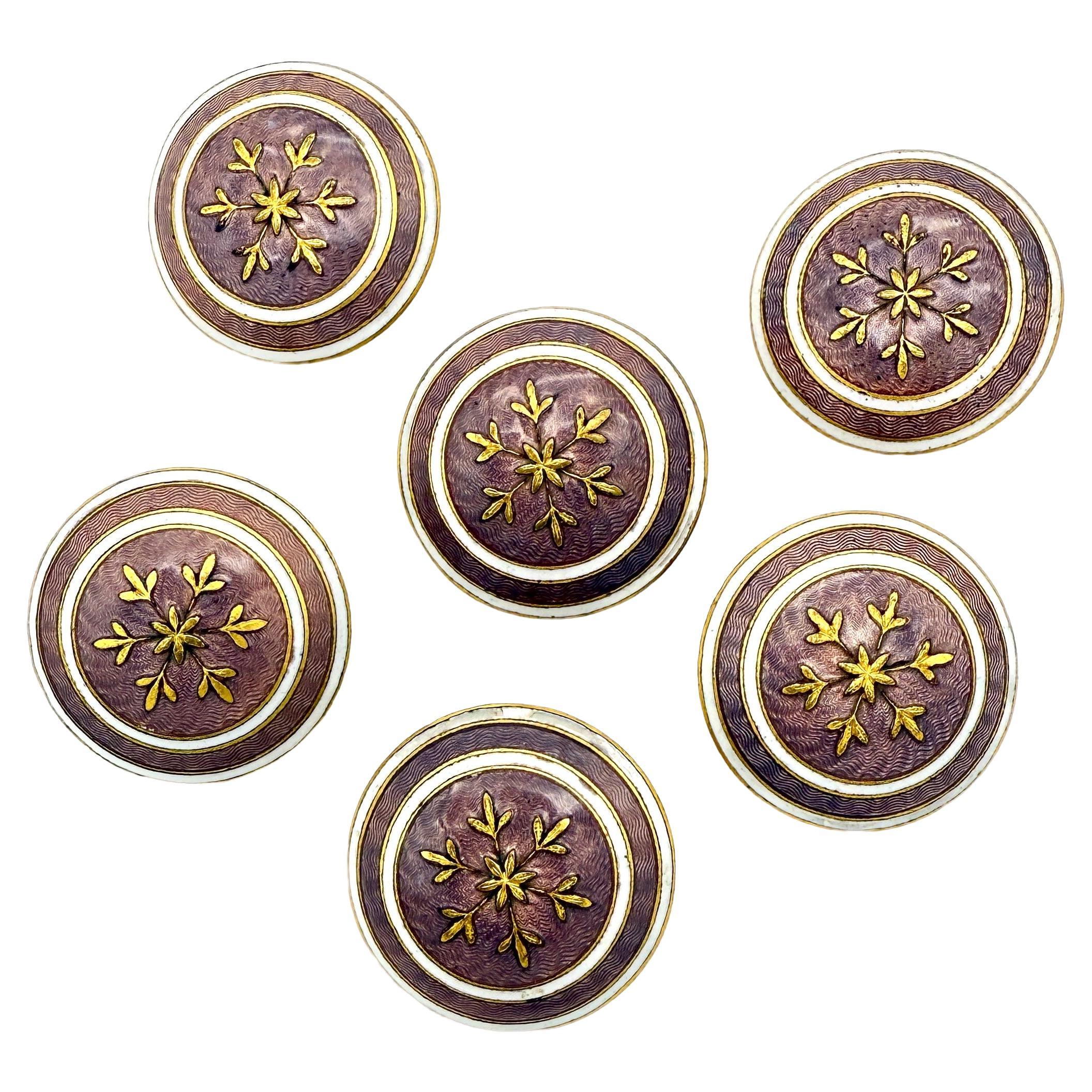 Antique Belle Époque Ice Crystal Buttons Set of 6 Guilloché Enamel Brass For Sale