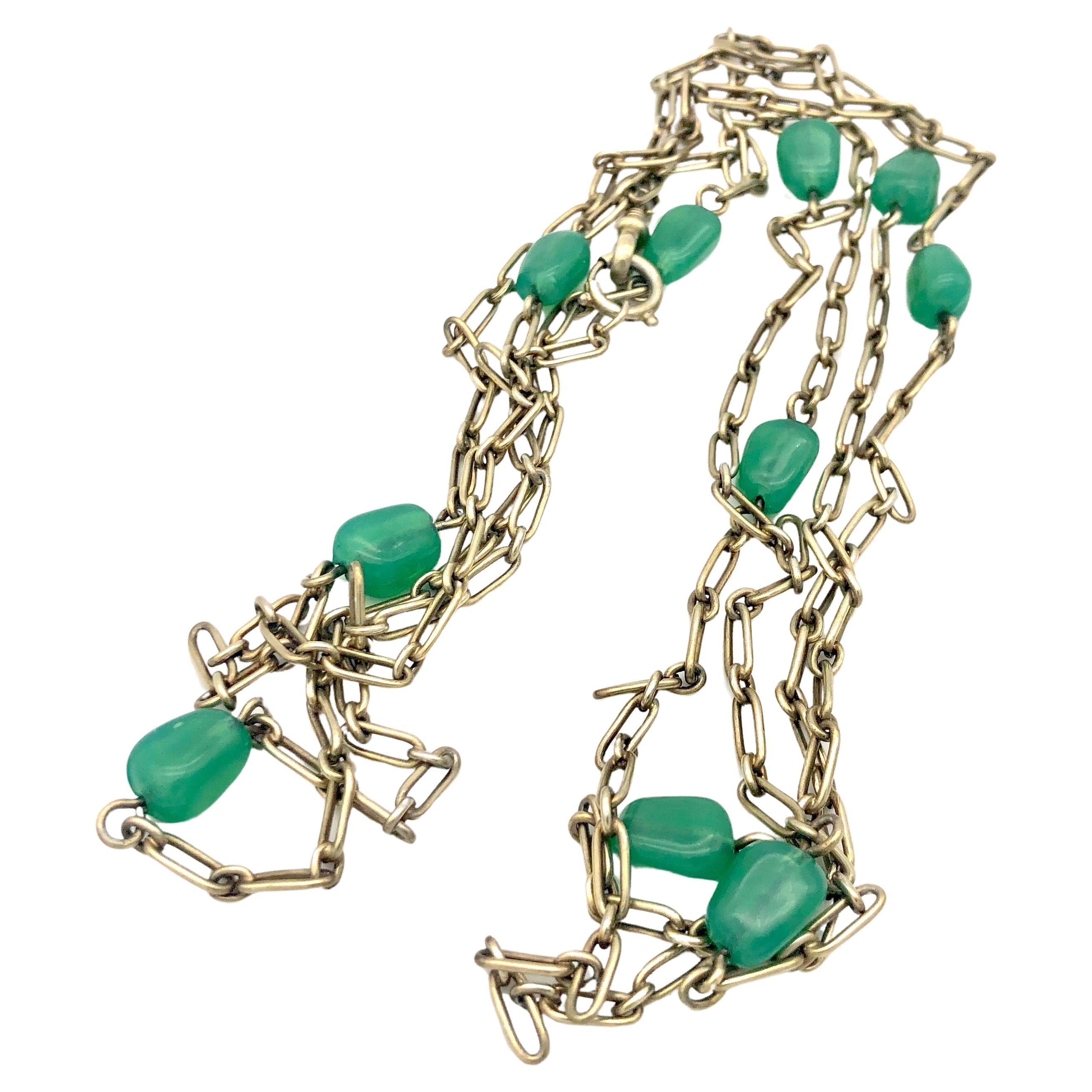 Antique Belle Époque Long Guard Chain Silver Muff Chain  Chrysoprase Beads For Sale