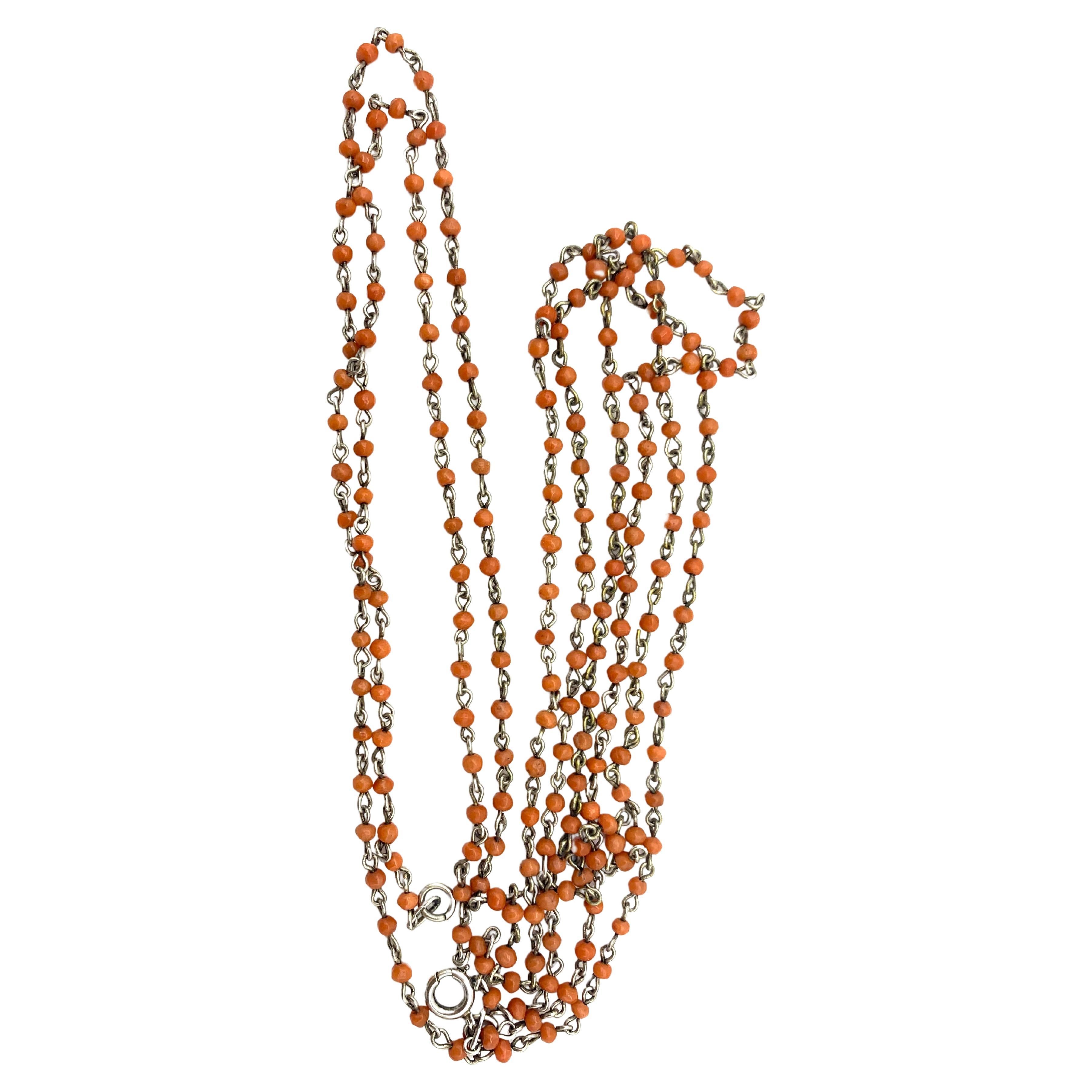 Women's Antique Belle Époque Long Guard Chain Silver Wire Corallium Rubrum Beads For Sale