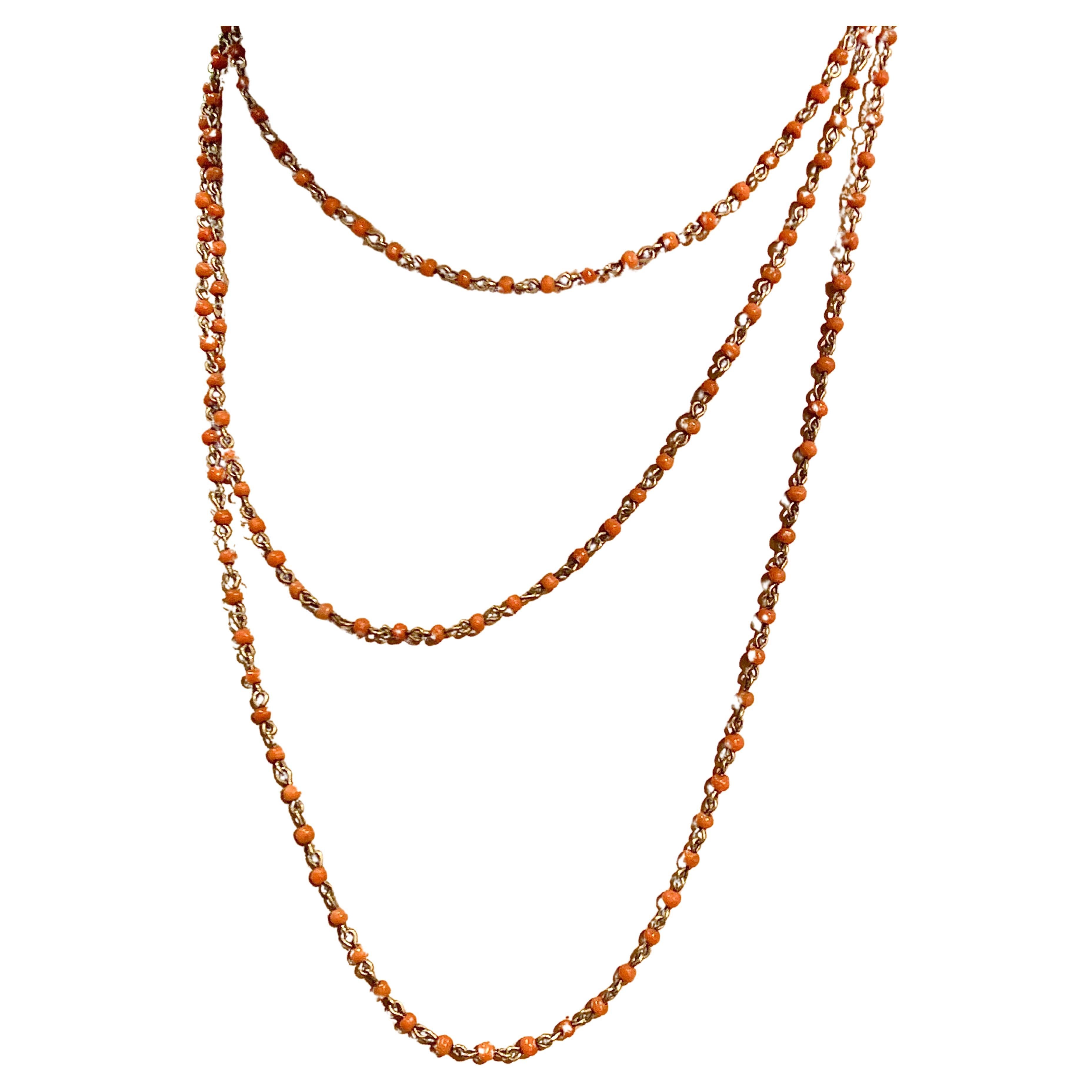 Antique Belle Époque Long Guard Chain Silver Wire Corallium Rubrum Beads For Sale 1