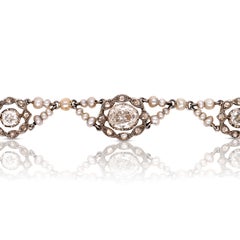 Antique Belle Époque natural saltwater pearl and 7 ct diamond necklace