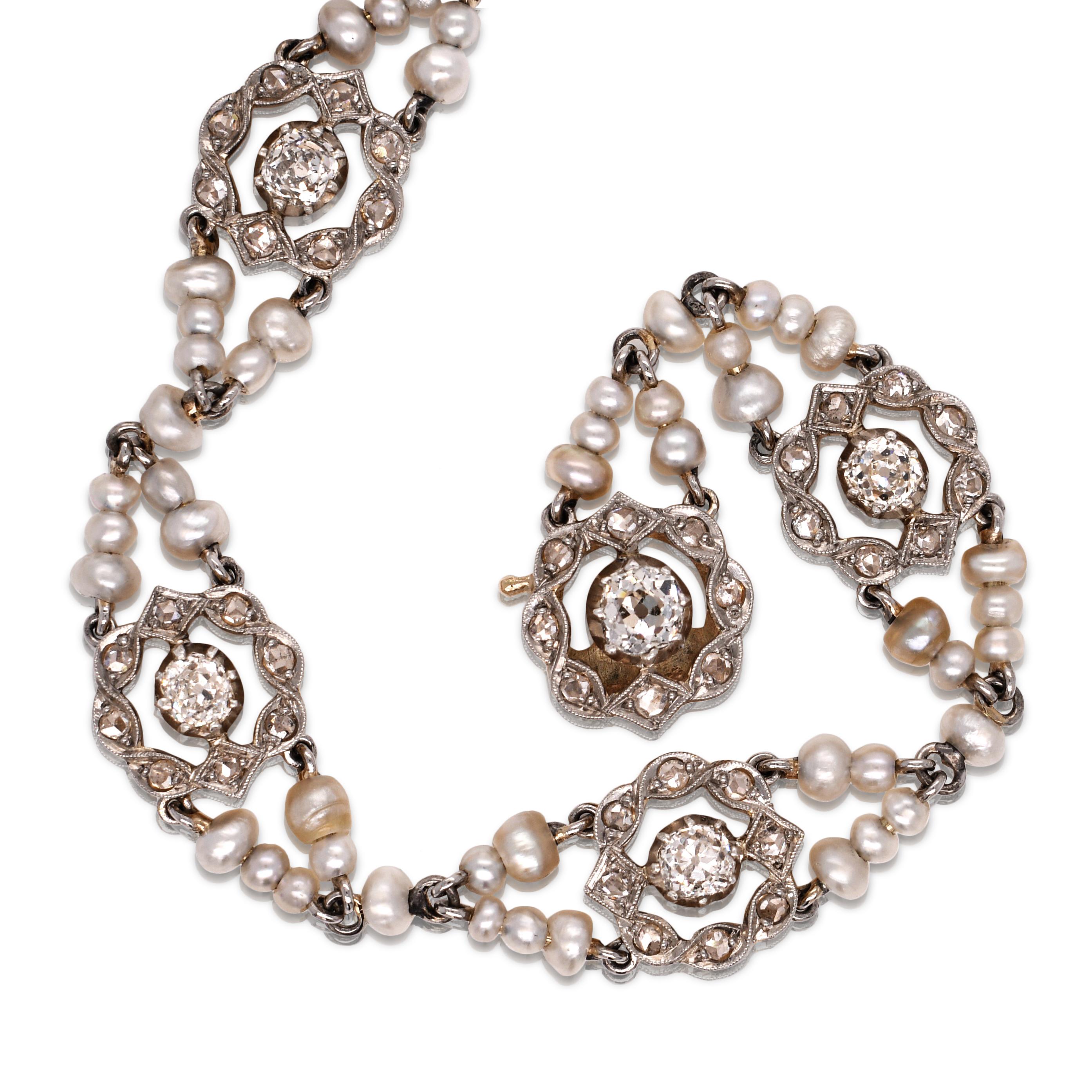 Uncut Antique Belle Époque natural saltwater pearl and 7 ct diamond necklace For Sale