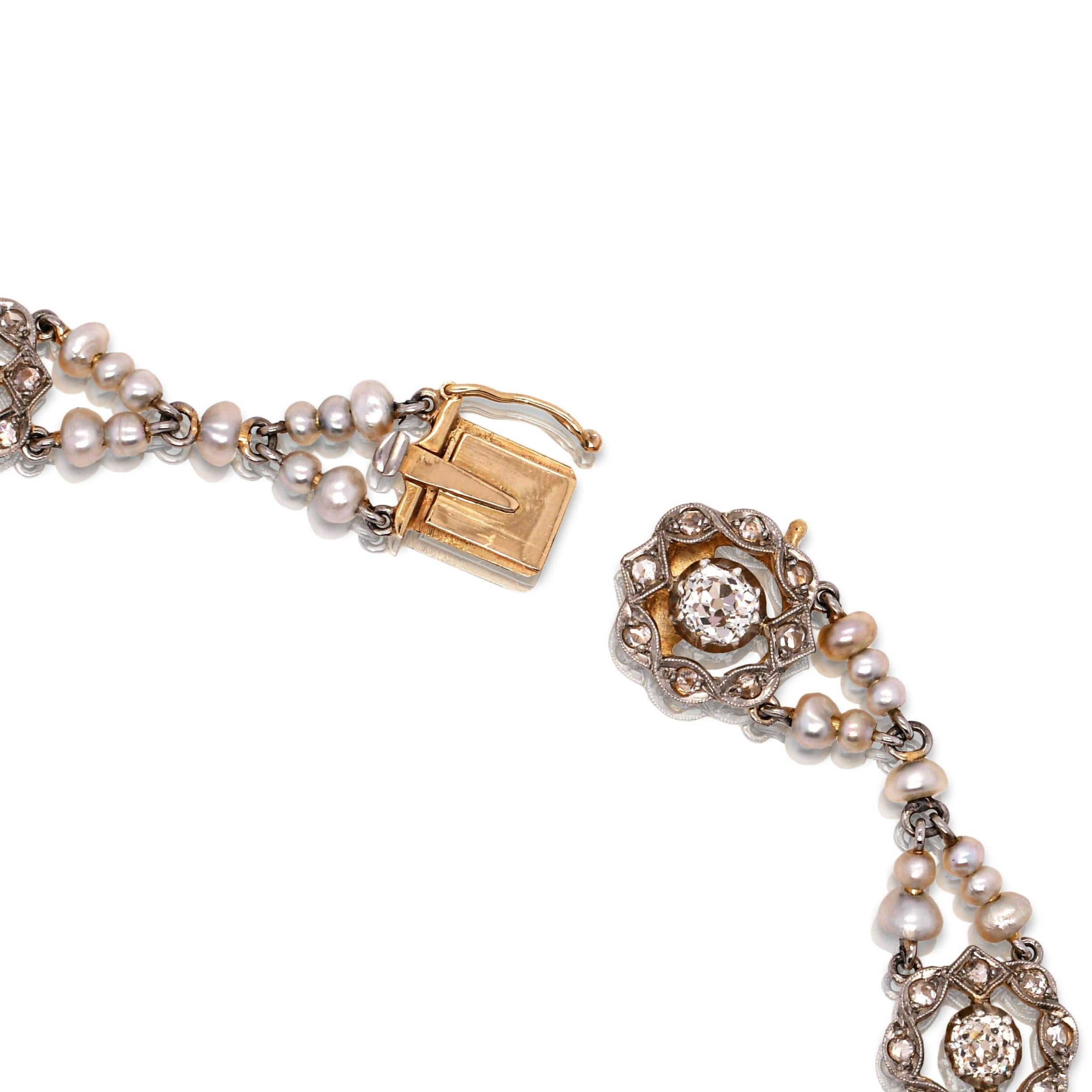 Antique Belle Époque natural saltwater pearl and 7 ct diamond necklace In Excellent Condition For Sale In Magdeburg, DE