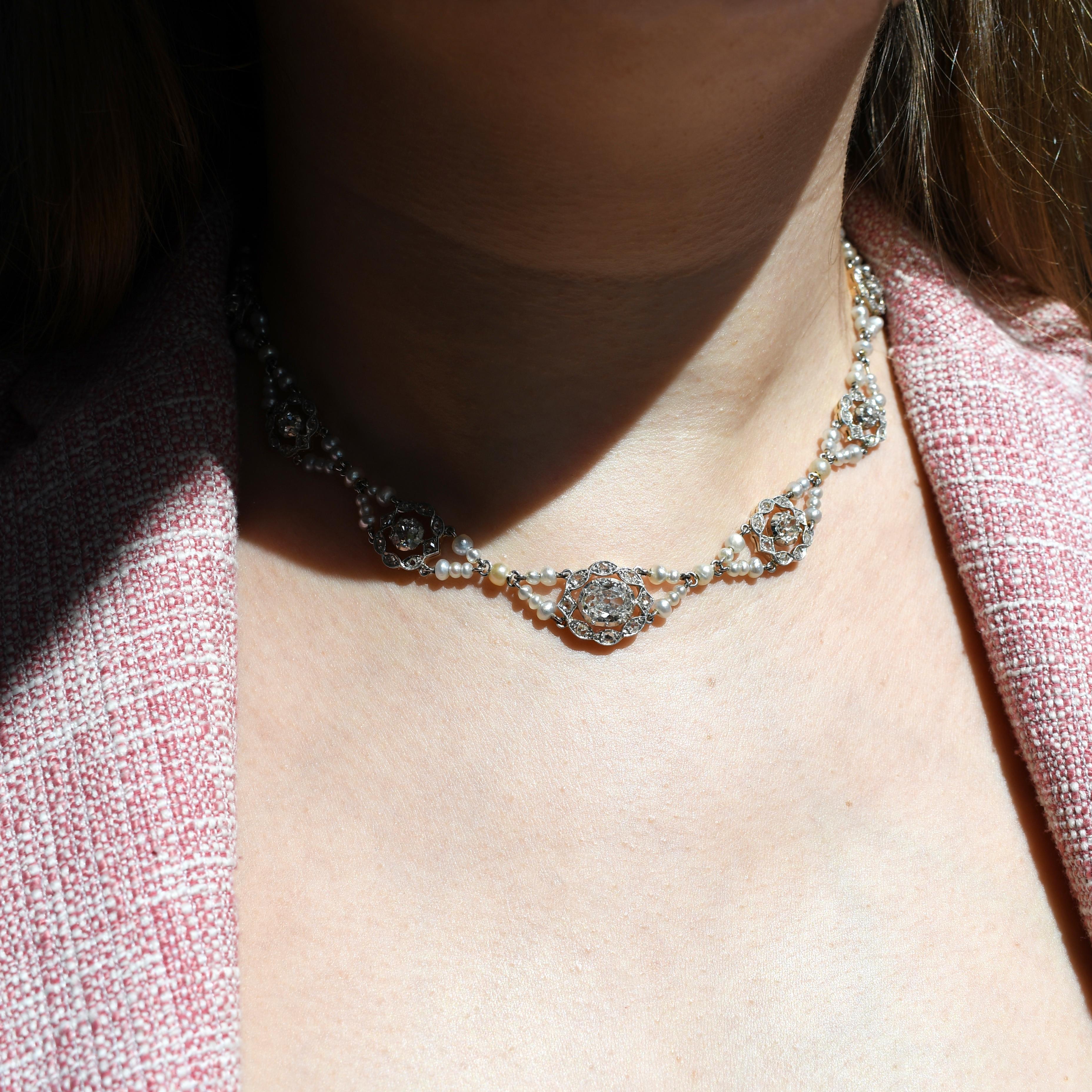 Antique Belle Époque natural saltwater pearl and 7 ct diamond necklace For Sale 2