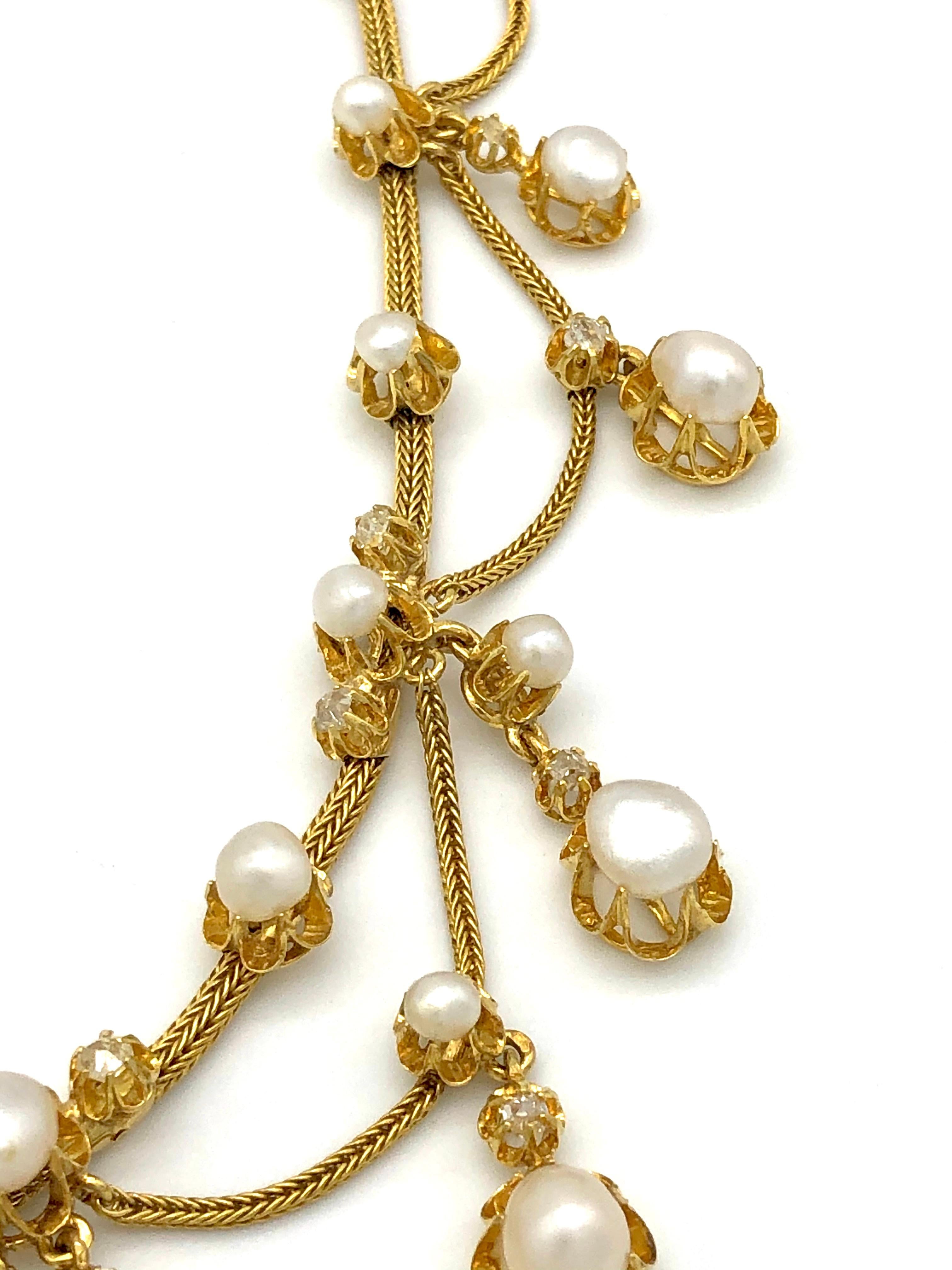 Rose Cut Antique Belle Époque Oriental Pearl Diamond Gold Articulated Necklace France For Sale