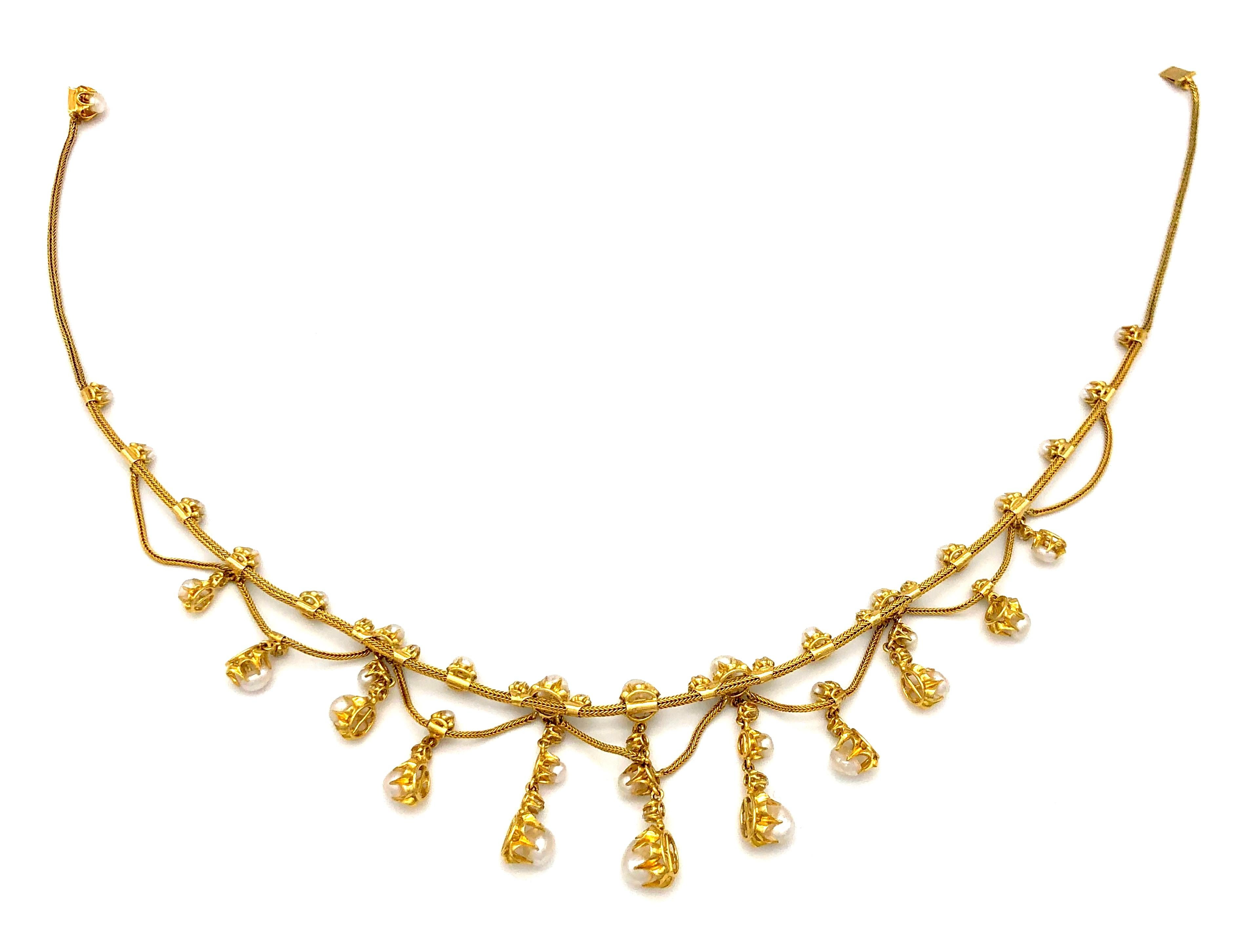 Antique Belle Époque Oriental Pearl Diamond Gold Articulated Necklace France For Sale 1
