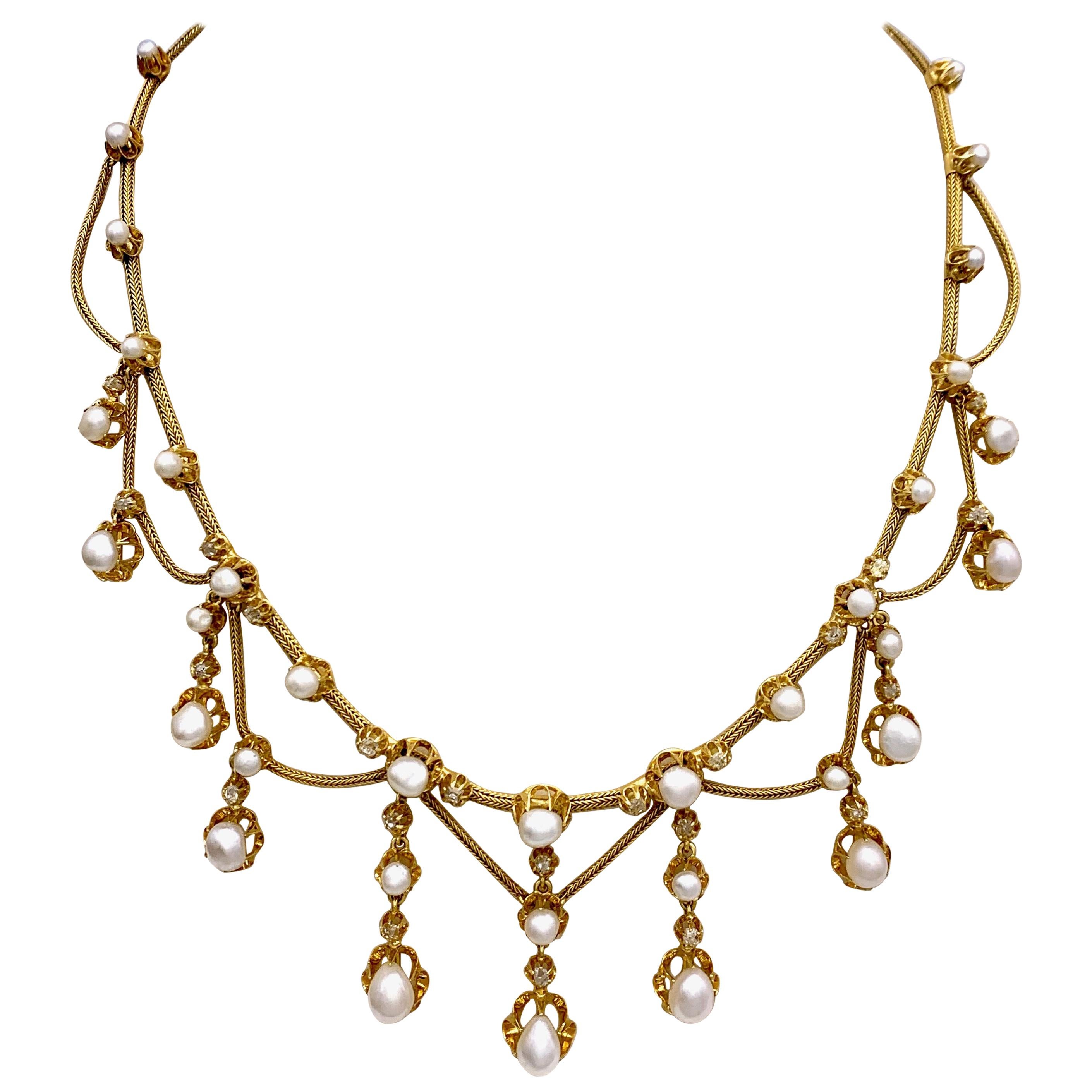 Antique Belle Époque Oriental Pearl Diamond Gold Articulated Necklace France For Sale