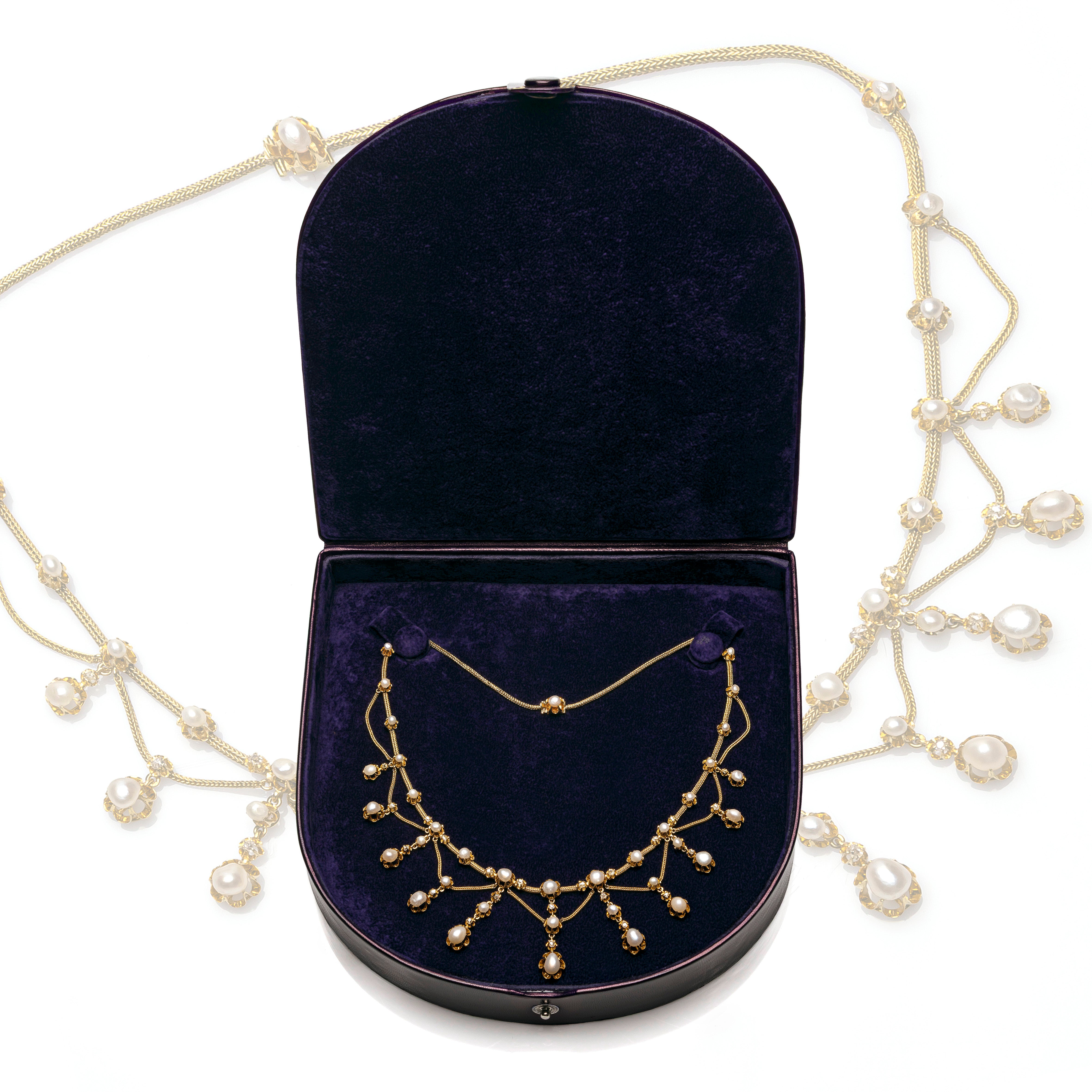 Antiquité Belle Époque Collier Articulé Perle Orientale Diamant Or France