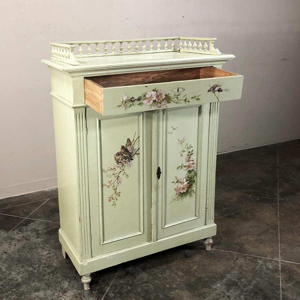 Early 20th Century Antique Belle Époque Hand Painted English Cabinet with Birds and Flowers