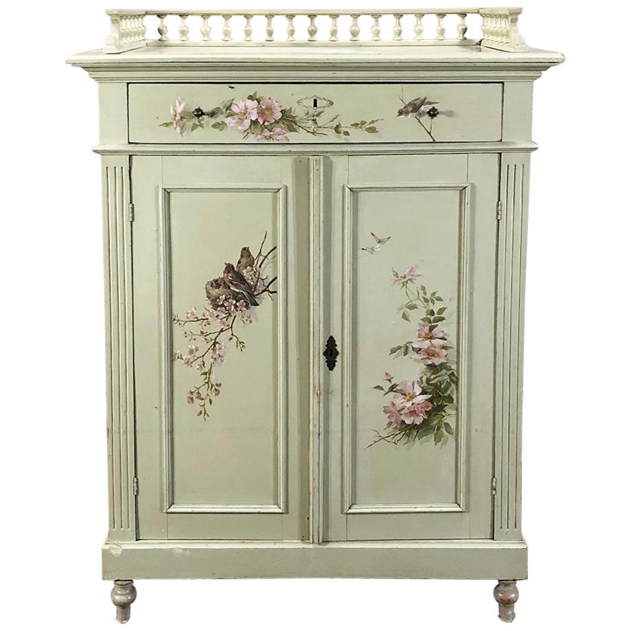 Antique Belle Époque Hand Painted English Cabinet with Birds and Flowers