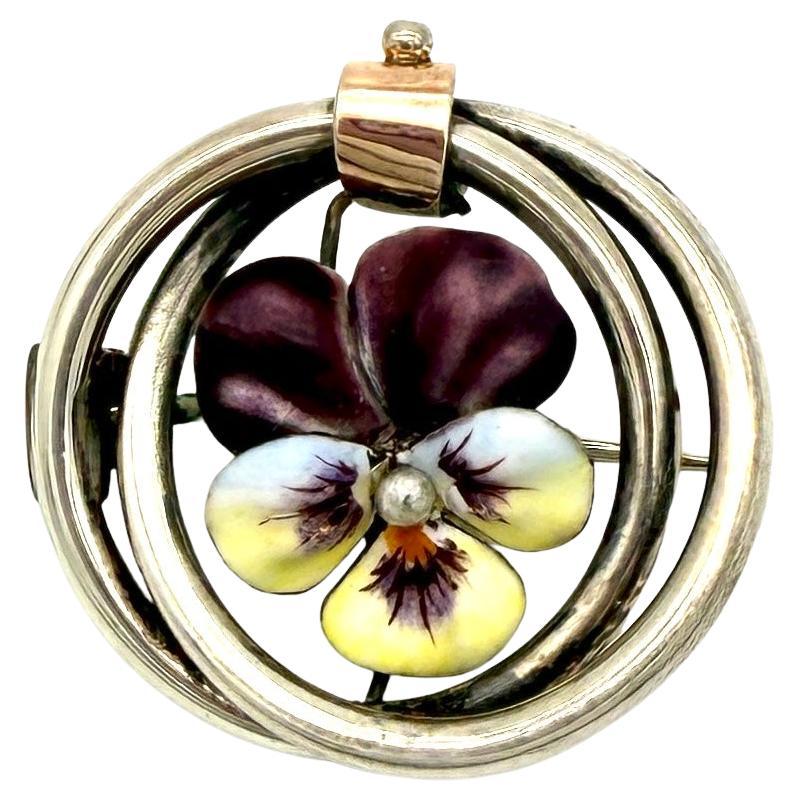 Antiguo Broche Belle Epoque Pansy Doble Círculo Plata Dorada Perla en venta