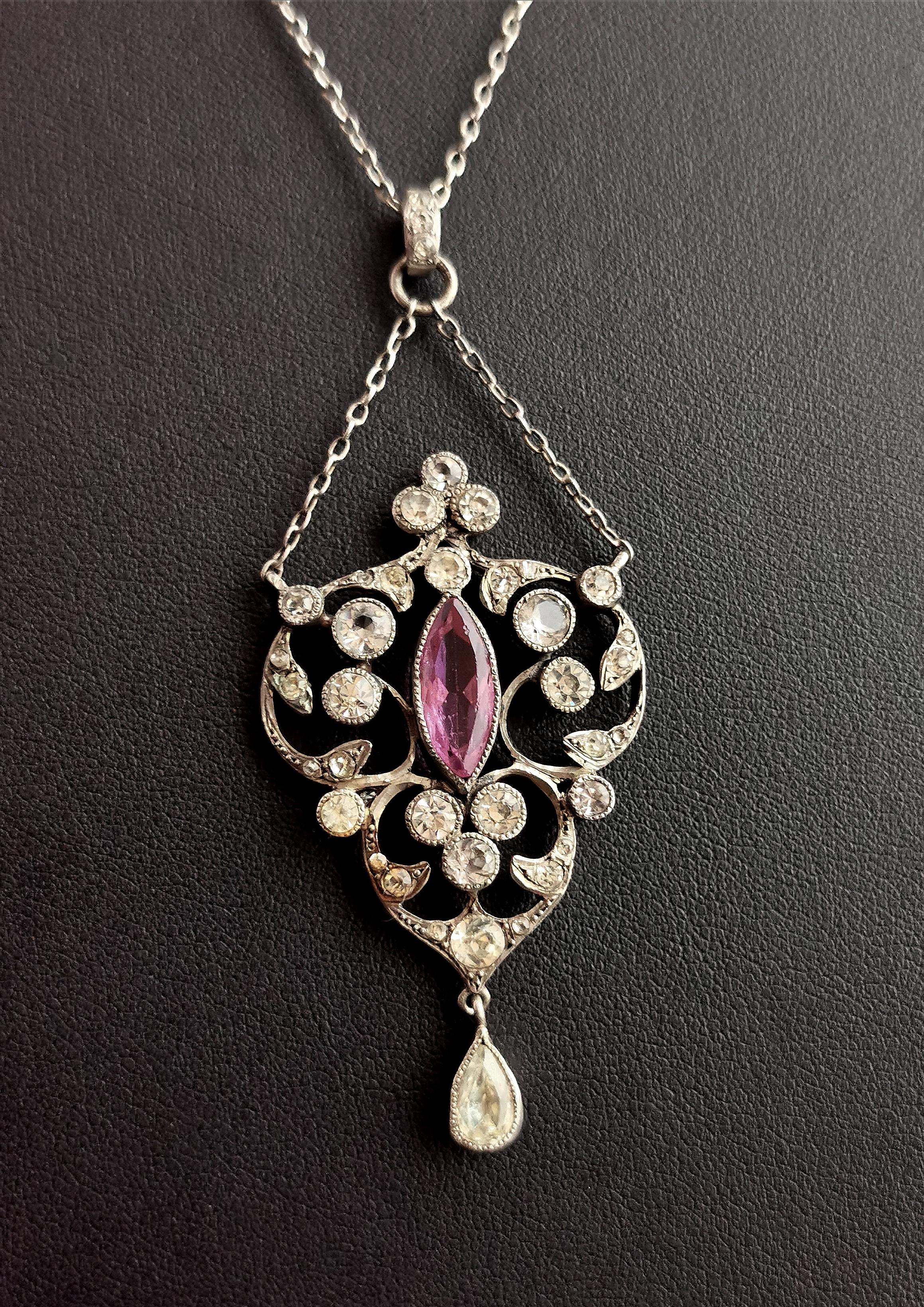 Antique Belle Epoque Paste Drop Pendant Necklace, Sterling Silver For Sale 2