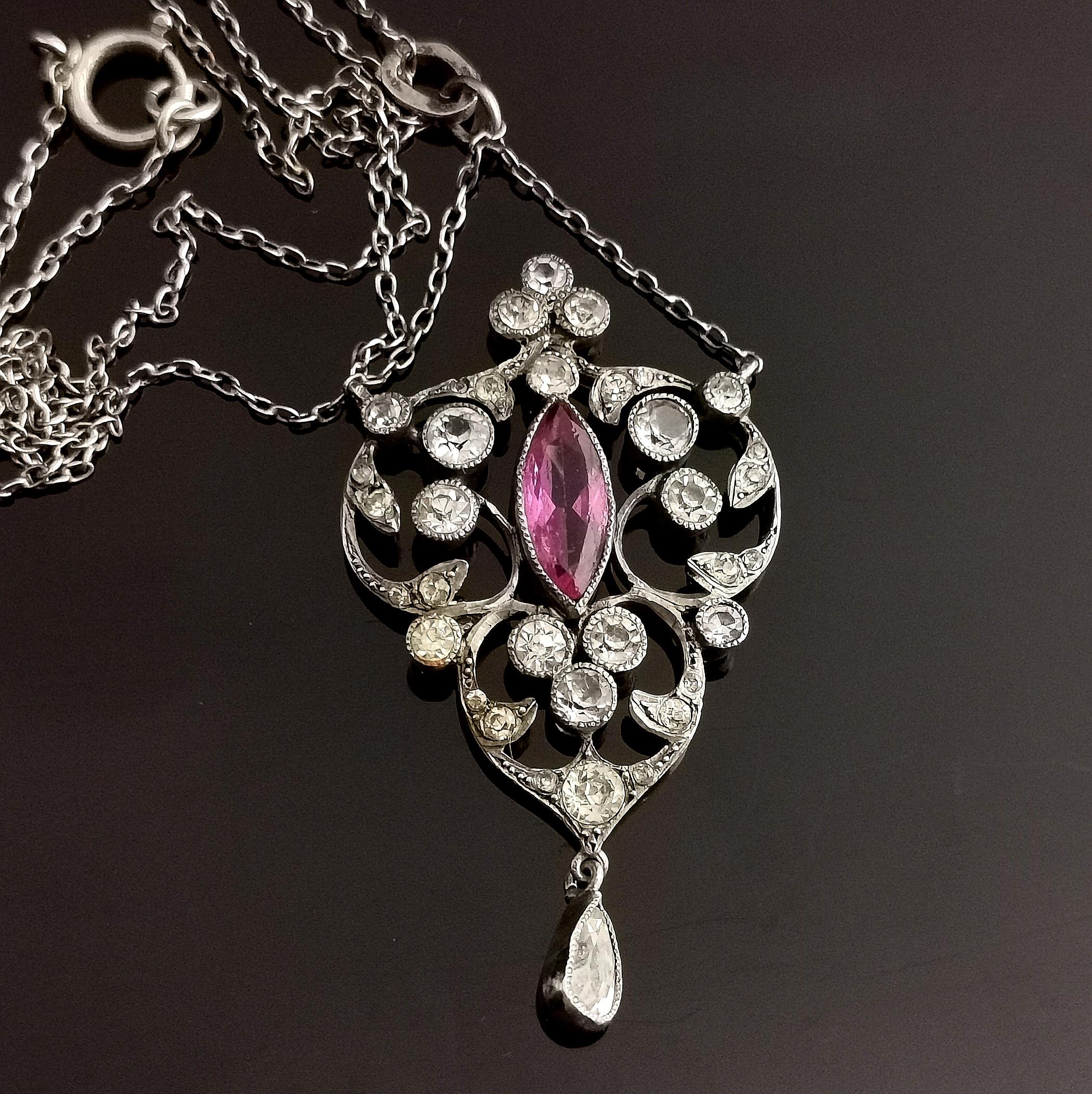 Antique Belle Epoque Paste Drop Pendant Necklace, Sterling Silver For Sale 4