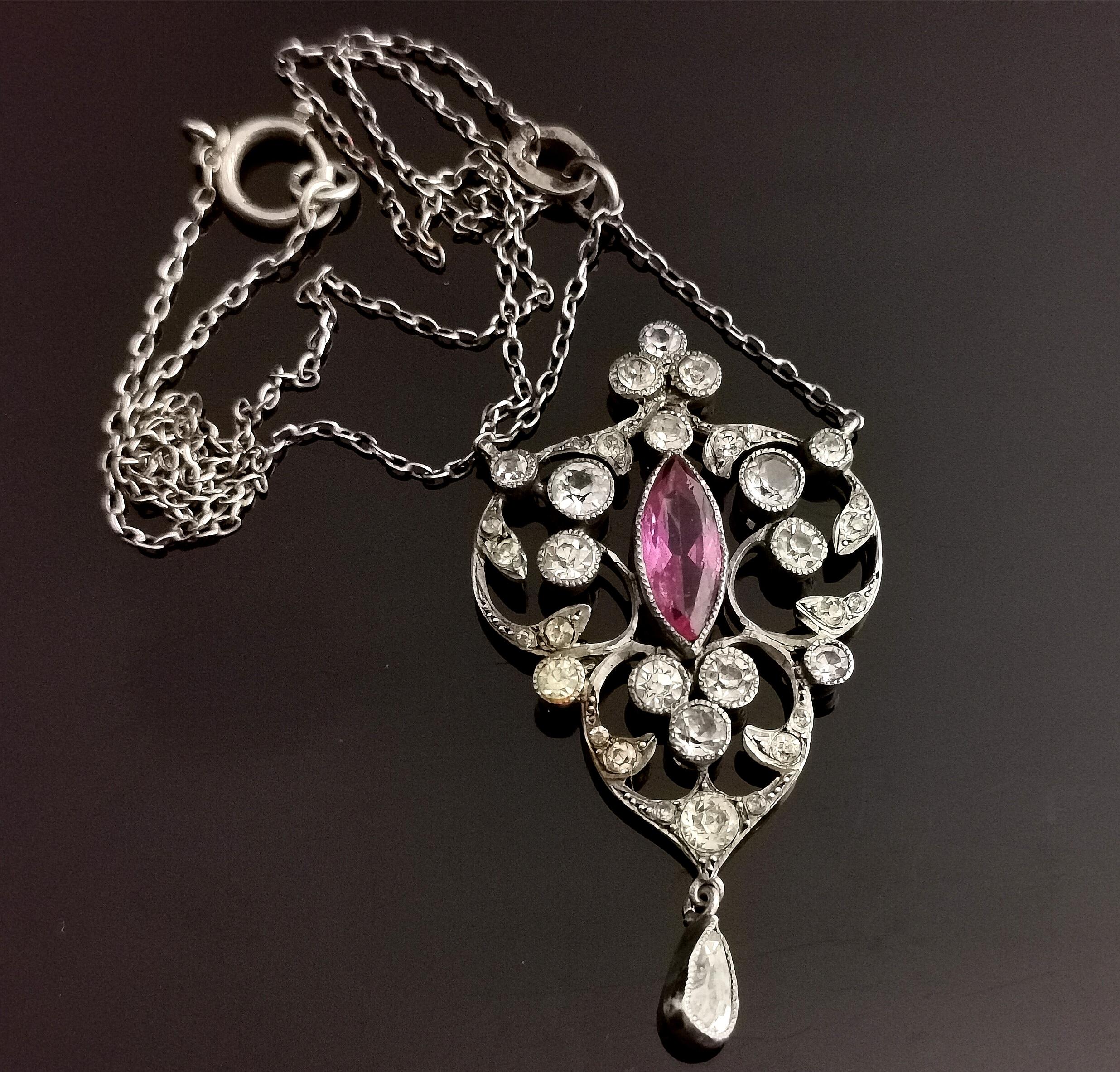 Antique Belle Epoque Paste Drop Pendant Necklace, Sterling Silver For Sale 5
