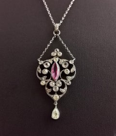 Antique Belle Epoque Paste Drop Pendant Necklace, Sterling Silver