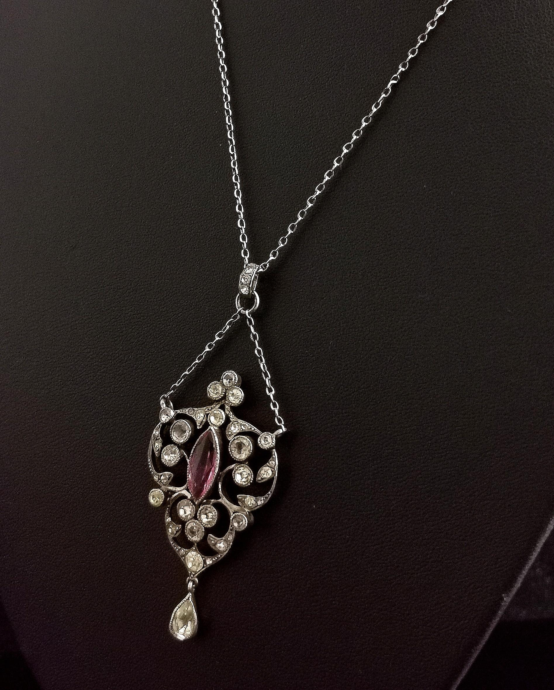 Antique Belle Epoque Paste Drop Pendant Necklace, Sterling Silver In Fair Condition For Sale In NEWARK, GB