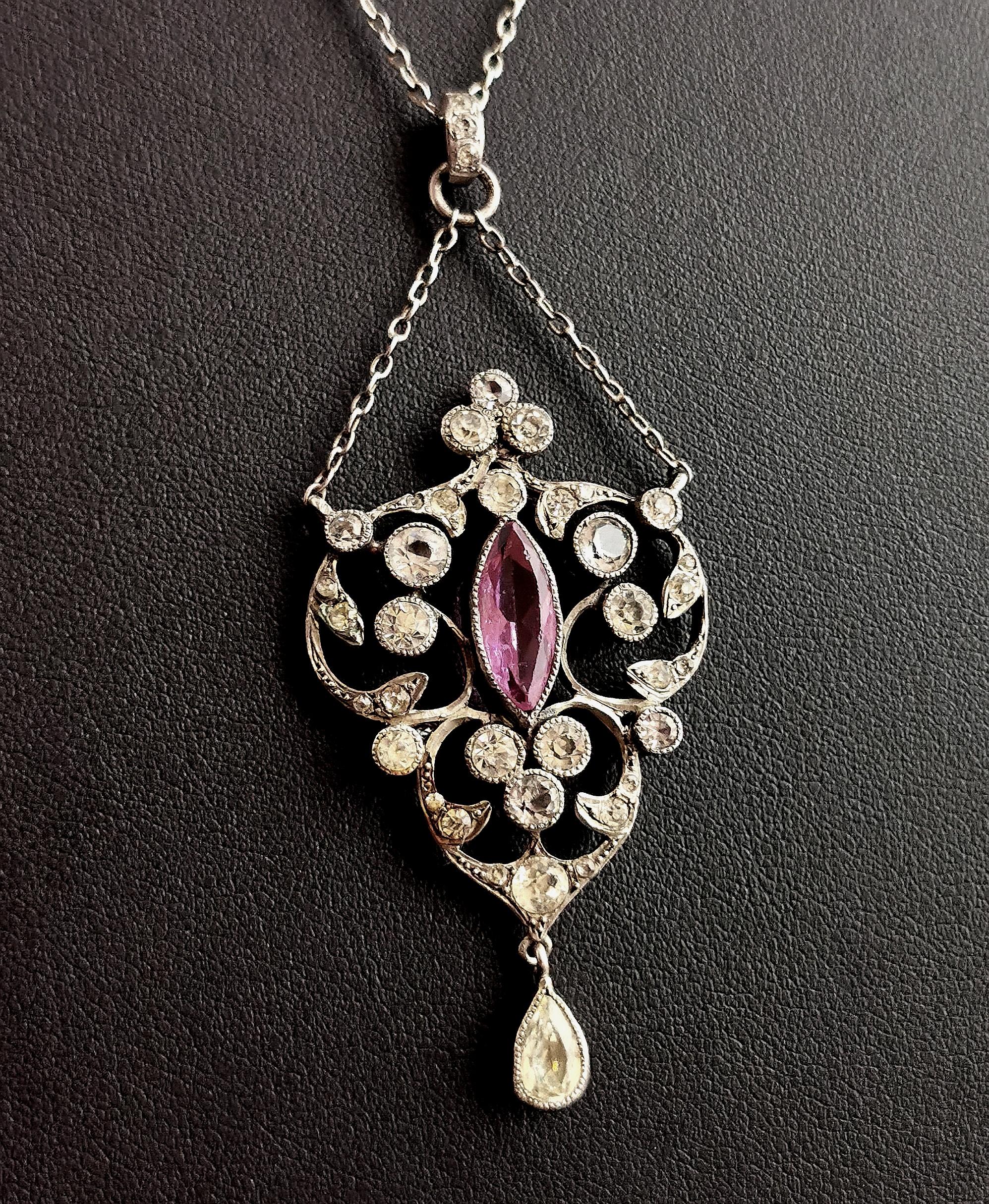 Women's Antique Belle Epoque Paste Drop Pendant Necklace, Sterling Silver For Sale
