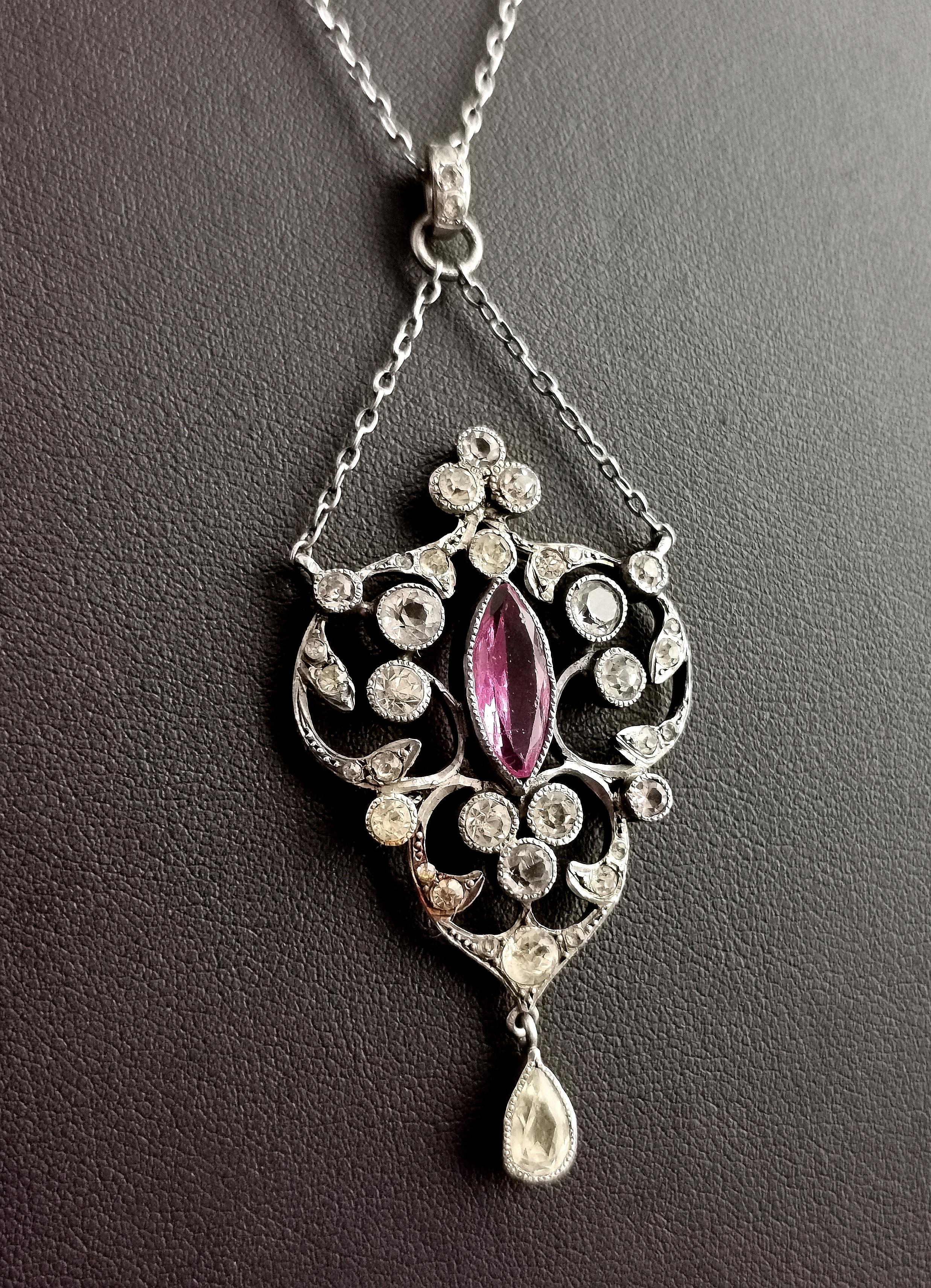 Antique Belle Epoque Paste Drop Pendant Necklace, Sterling Silver For Sale 1