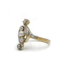 Antique Belle Époque Pearl & Old Cut Diamond Ring in 18K Yellow Gold