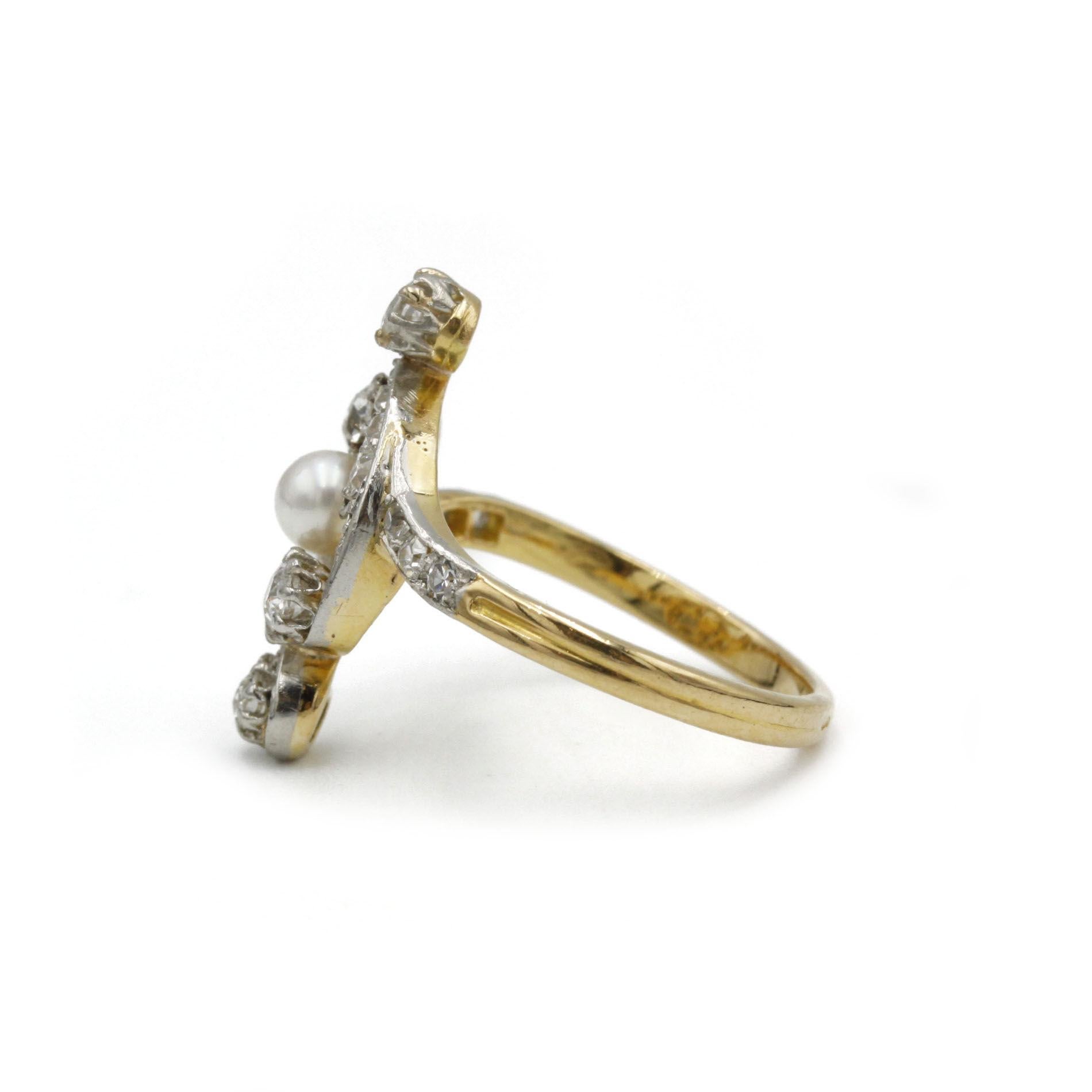 Old European Cut Antique Belle Époque Pearl & Old Cut Diamond Ring in 18K Yellow Gold For Sale