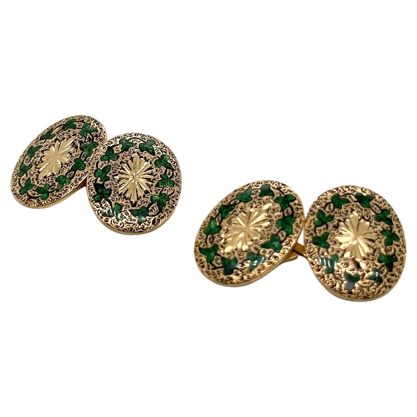 Antique Belle Époque Period French 18K Gold & Green Enamel Oval Cufflinks
