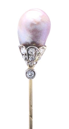 Antique Belle Époque Pink Pearl Diamond Stick Tie Lapel Pin Diamonds Gold