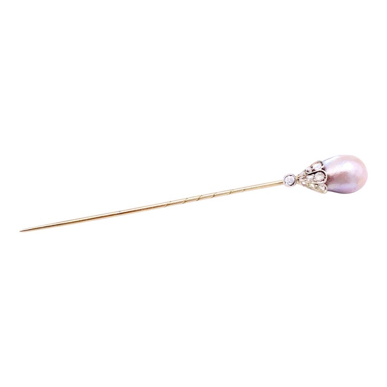 Antique Belle Époque Pink Pearl Diamond Stick Tie Lapel Pin Diamonds