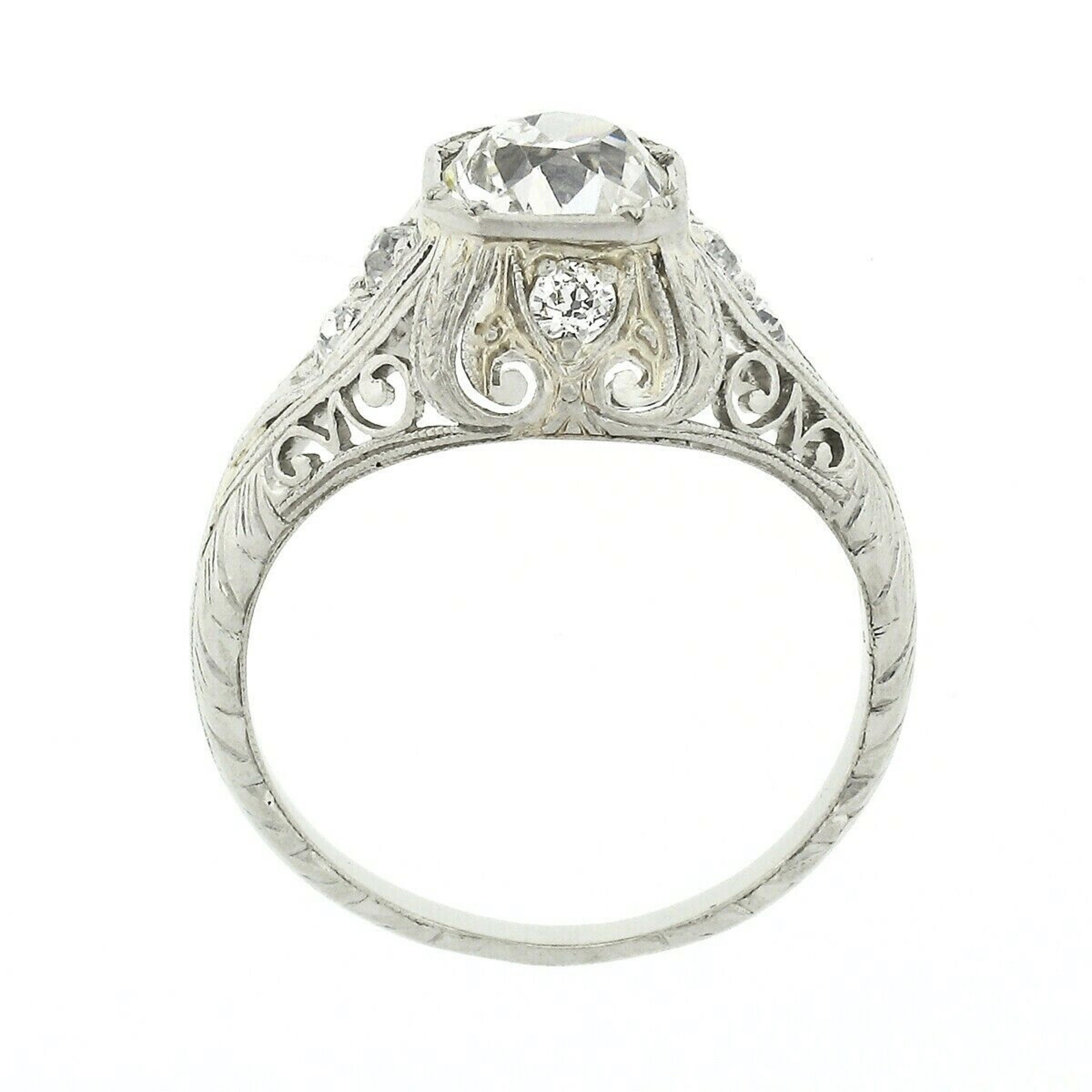 Antique Belle Époque Platinum 1.32ctw European Diamond Filigree Engagement Ring 2