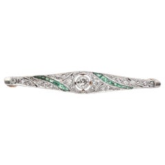 Antique Belle Epoque Platinum and Yellow Gold Diamond and Emerald Bar Brooch